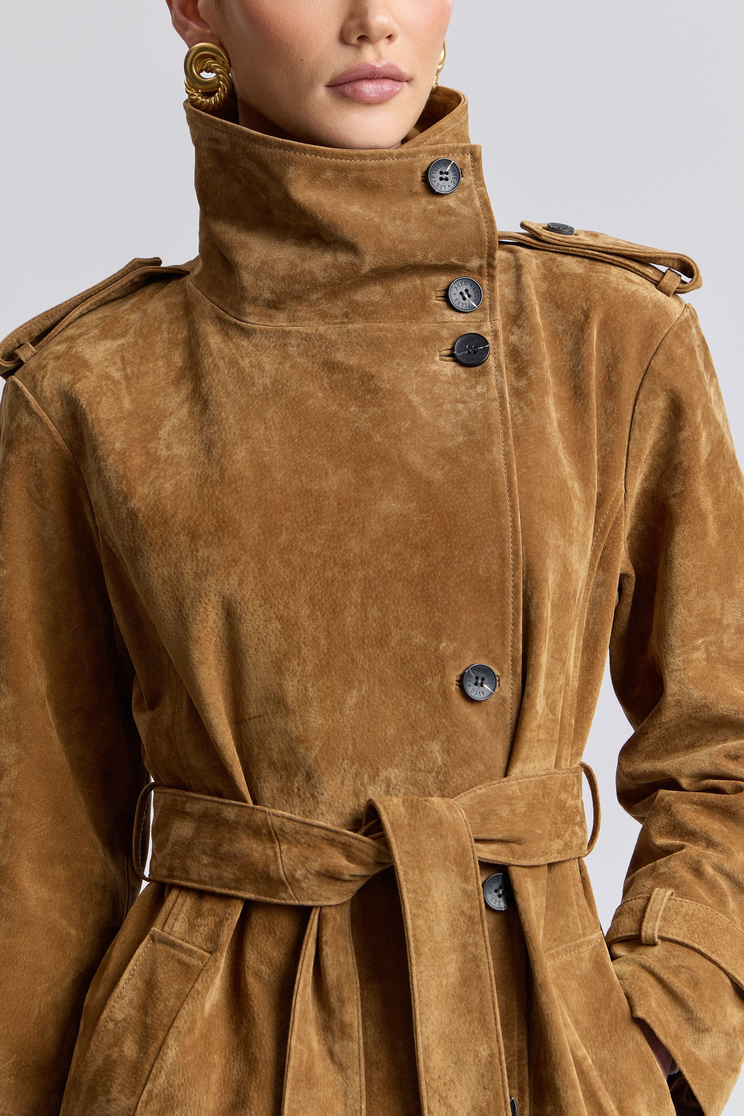 Front-button brown real suede jacket with removable belt and funnel neck - Shop women's trench coats by Avec Les Filles.