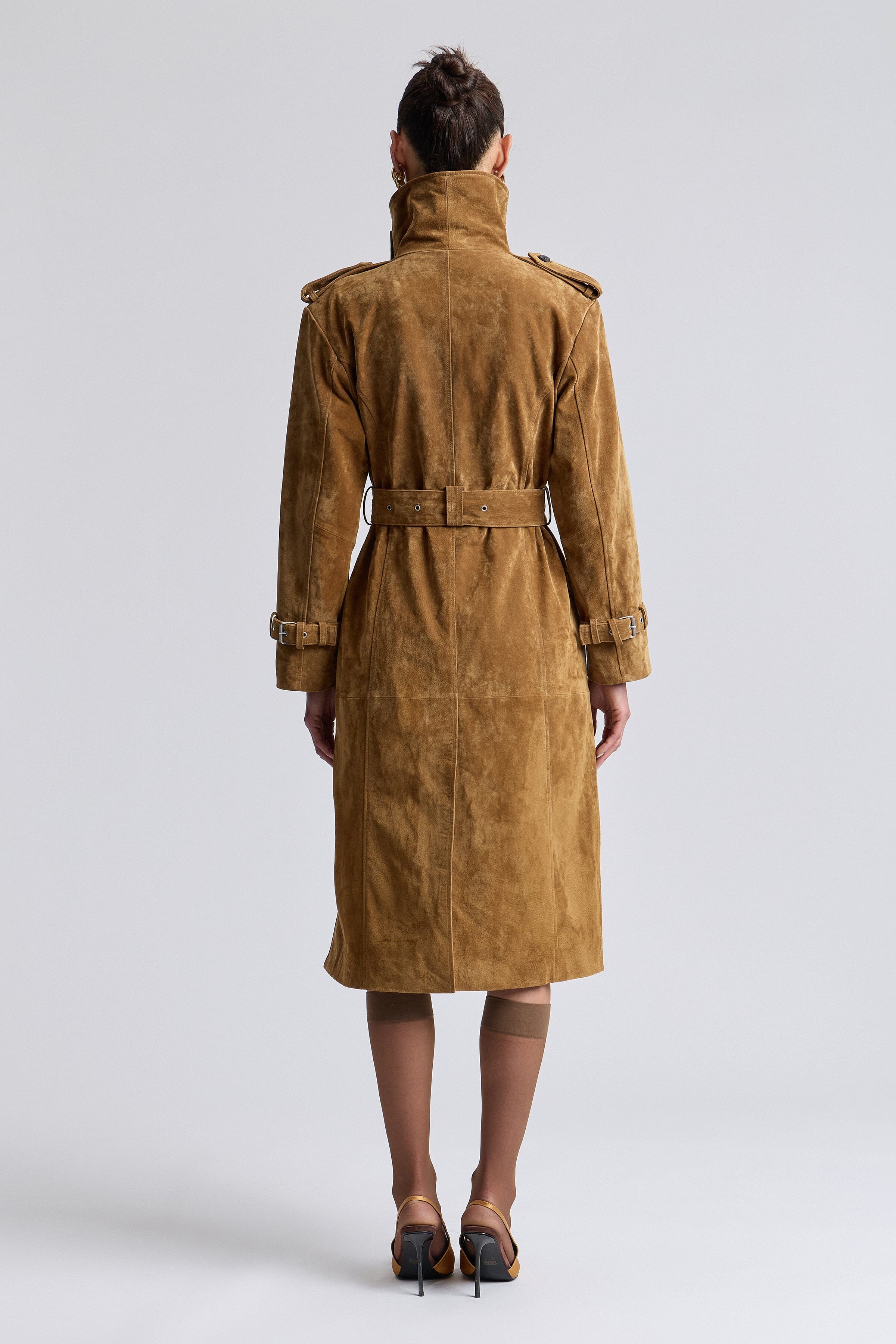 Front-button light brown suede jacket with removable belt and funnel neck - Shop women's trench coats by Avec Les Filles.
