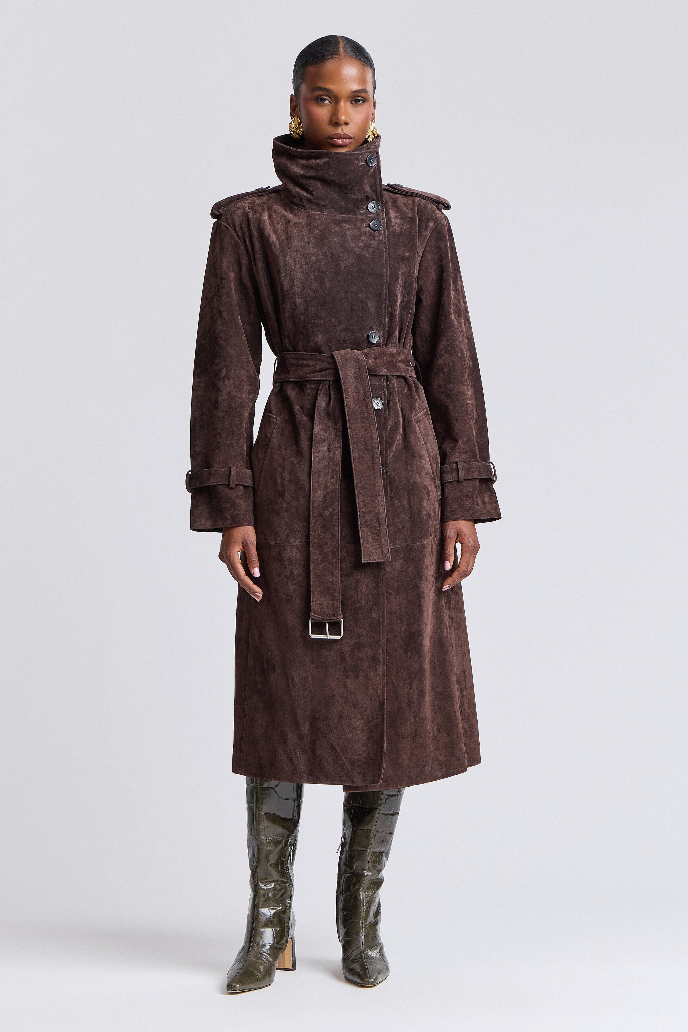 Front-button suede brown trench coat with removable belt - Shop women's trench coats by Avec Les Filles.