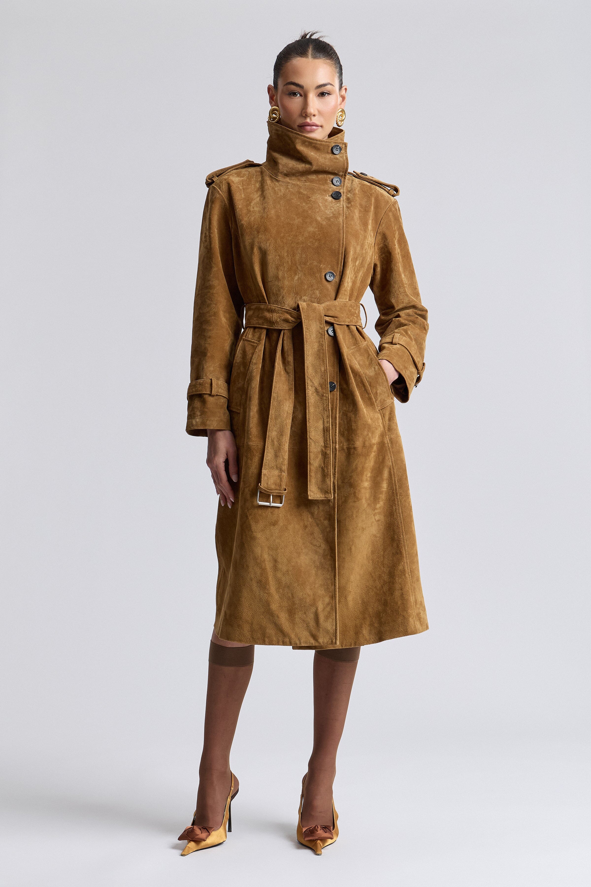 Women suede trench coat with removable belt and funnel neck - Shop designer trench coats by Avec Les Filles.