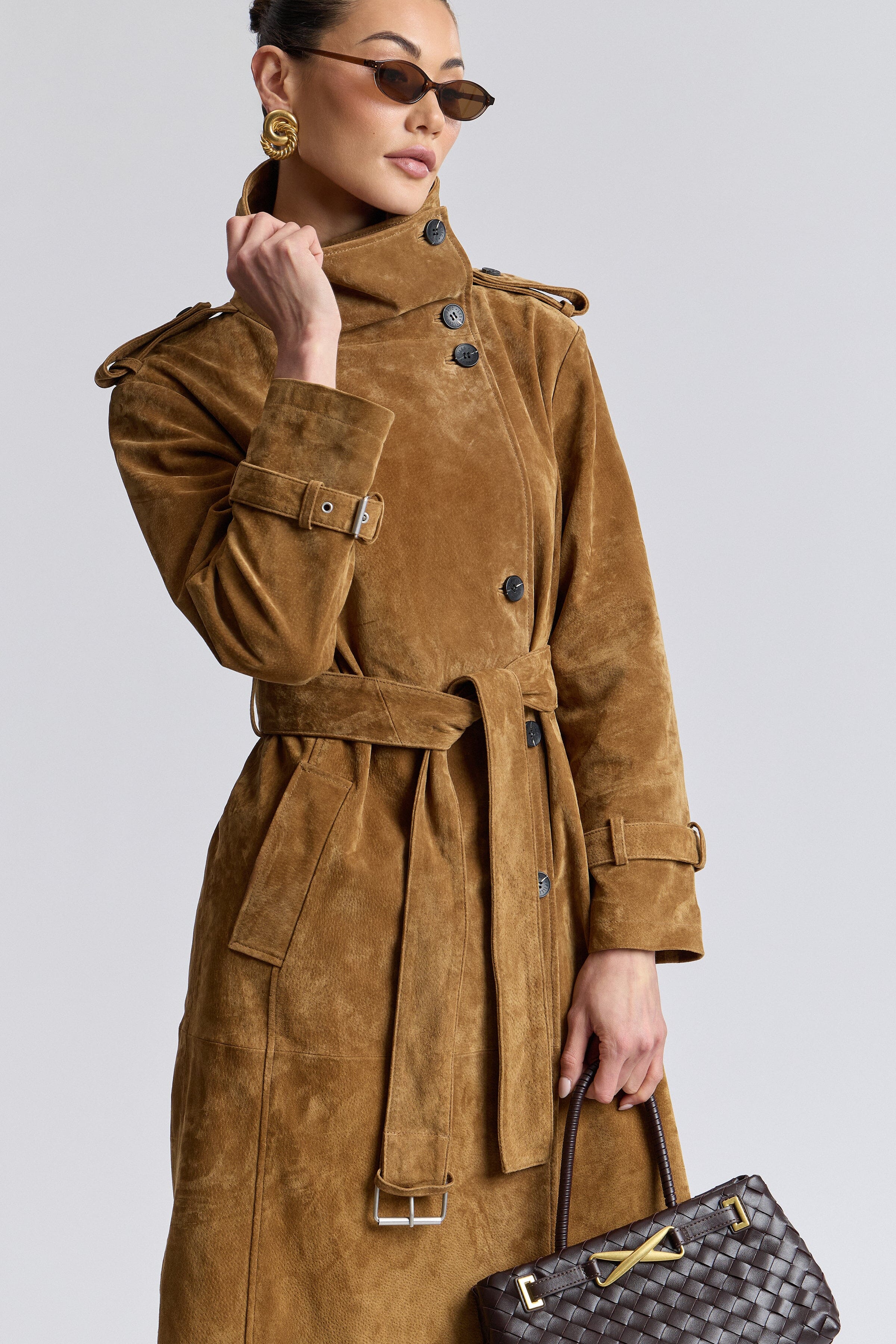 Front-button tan suede jacket with removable belt and funnel neck - Shop women's trench coats by Avec Les Filles.