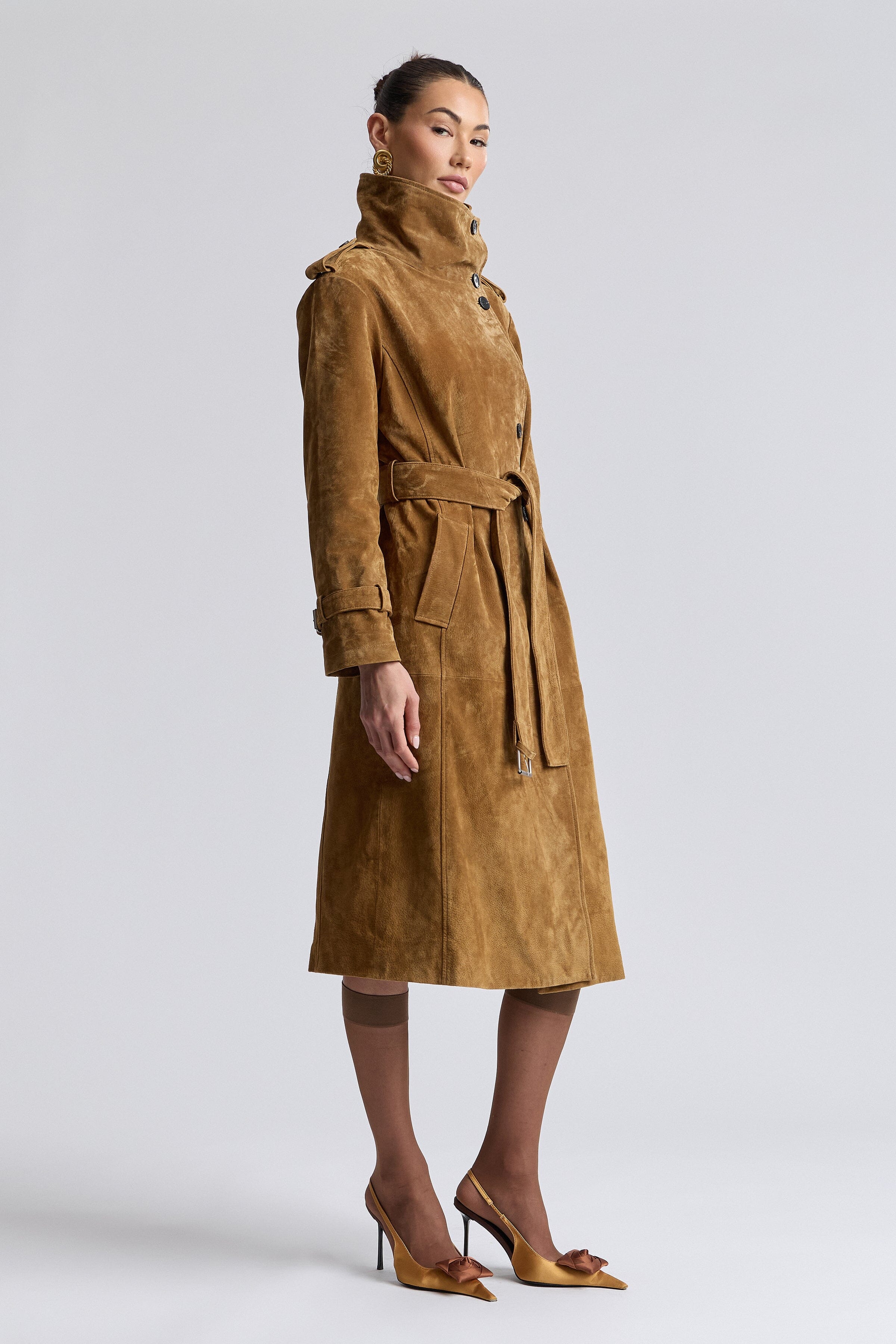 Brown long suede trench coat with removable belt and funnel neck - Shop women's trench coats by Avec Les Filles.