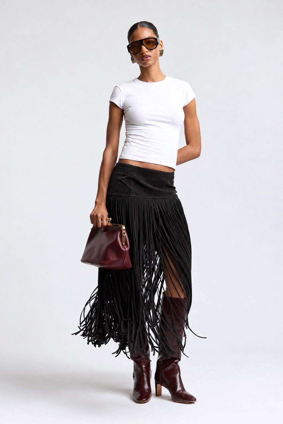 Faux Suede Fringe Maxi Skirt - Black Skirts Avec Les Filles 