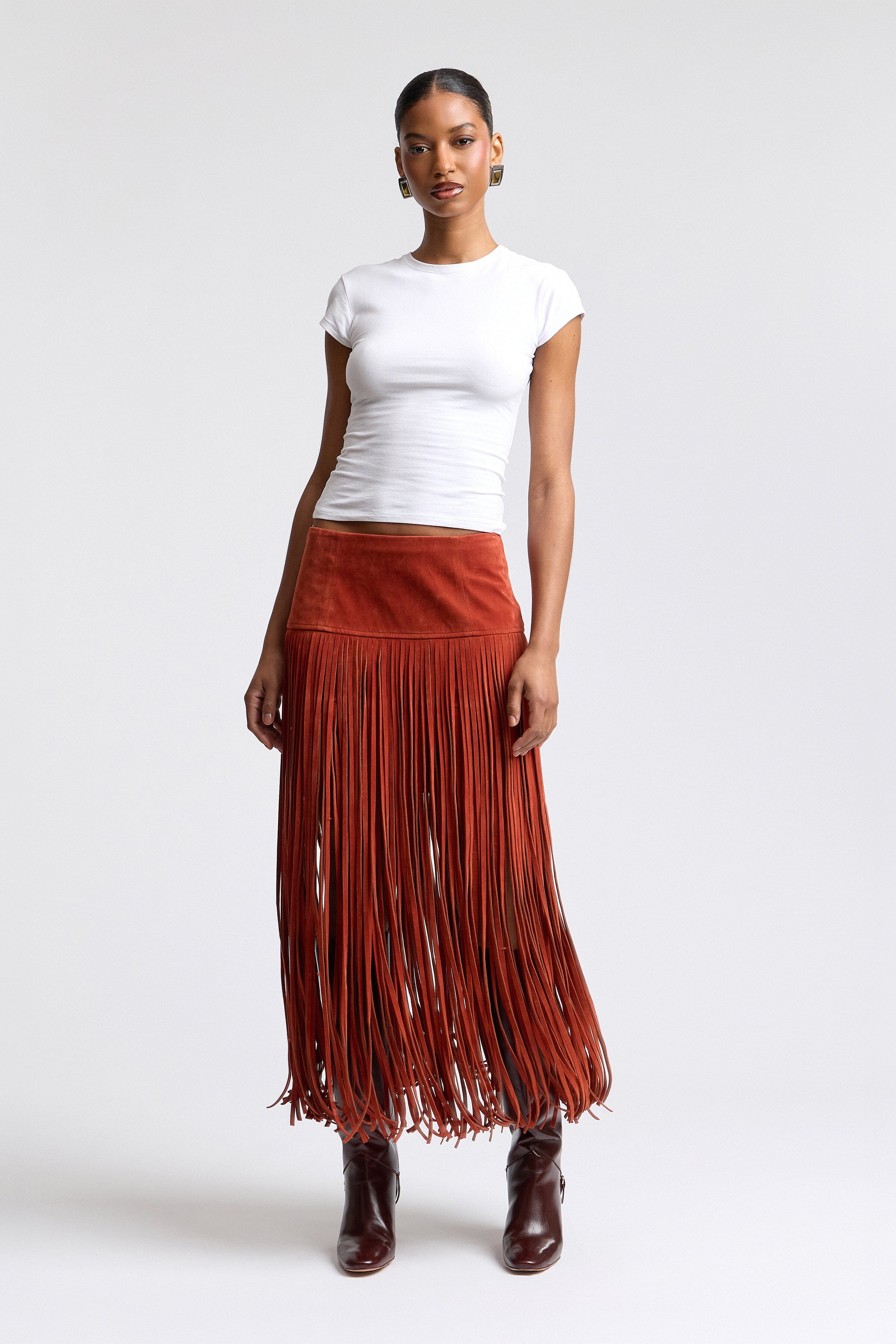 Red faux suede fringe skirt with high-rise waist - Shop designer women's cute maxi skirts by Avec Les Filles