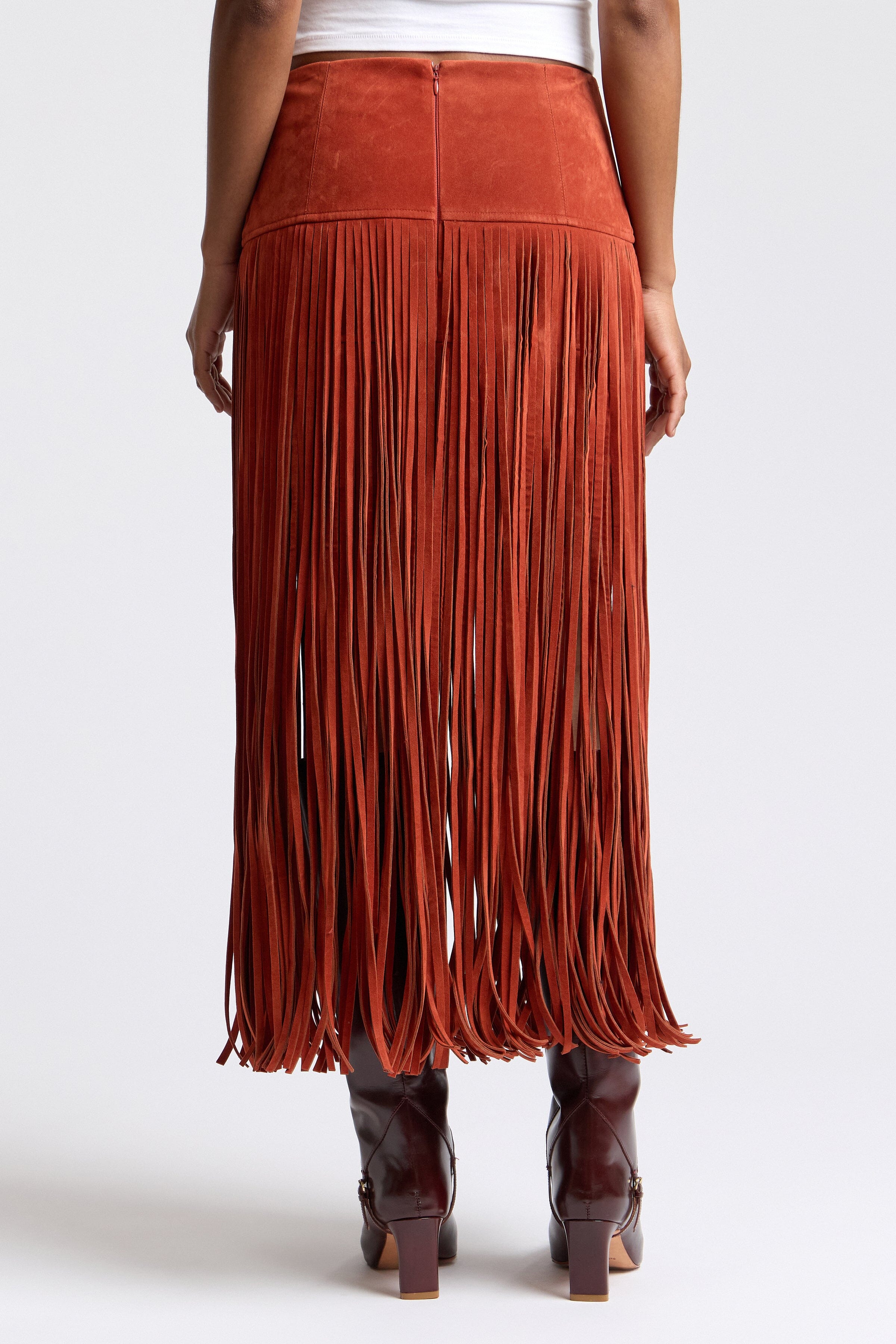 Red faux suede maxi fringe skirt with high-rise waist - Shop designer women's cute maxi skirts by Avec Les Filles