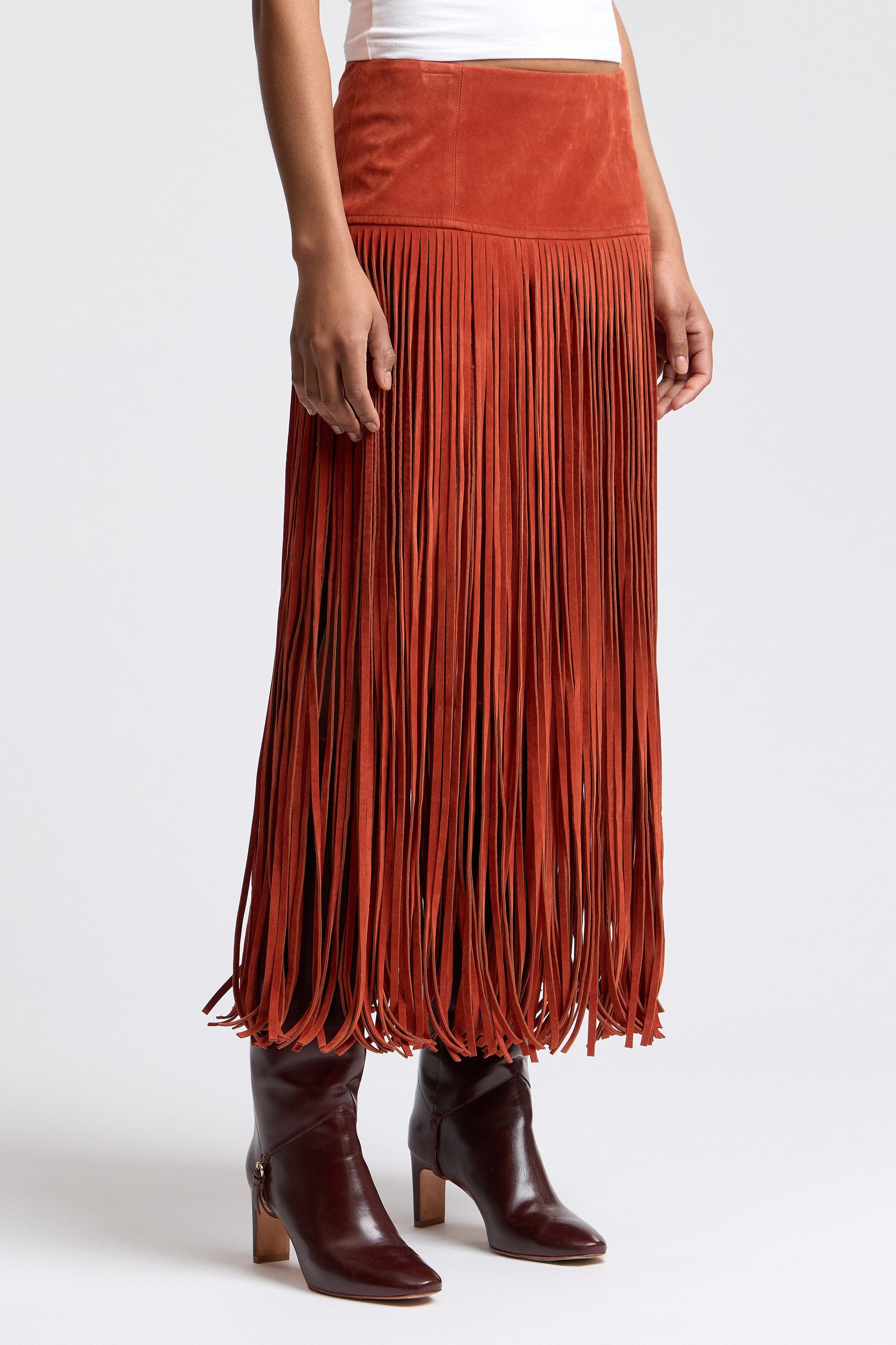 Red fringe faux suede maxi skirt with high-rise waist - Shop designer women's cute maxi skirts by Avec Les Filles