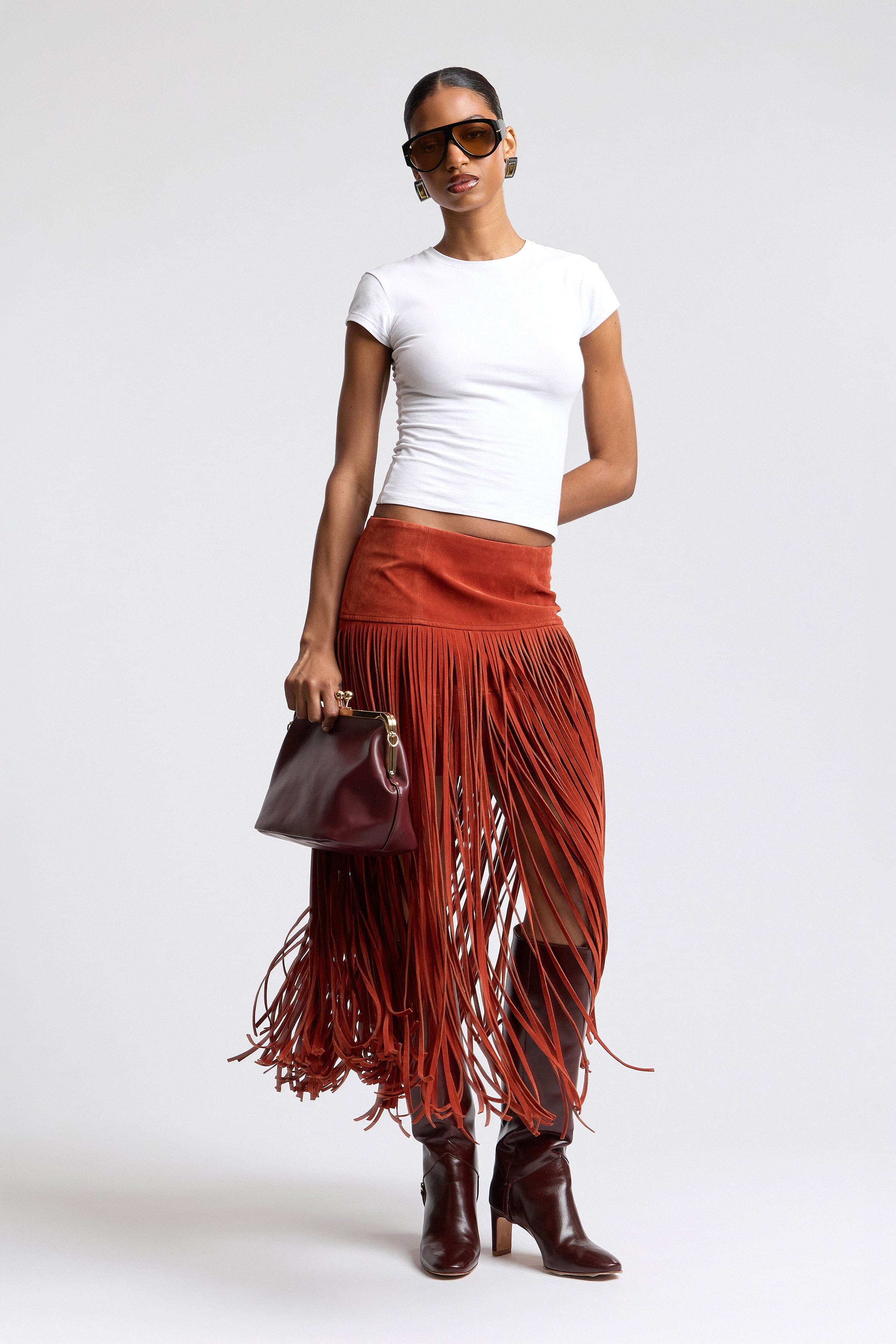 Red faux suede maxi fringe skirt with high-rise waist - Shop designer women's maxi skirts by Avec Les Filles