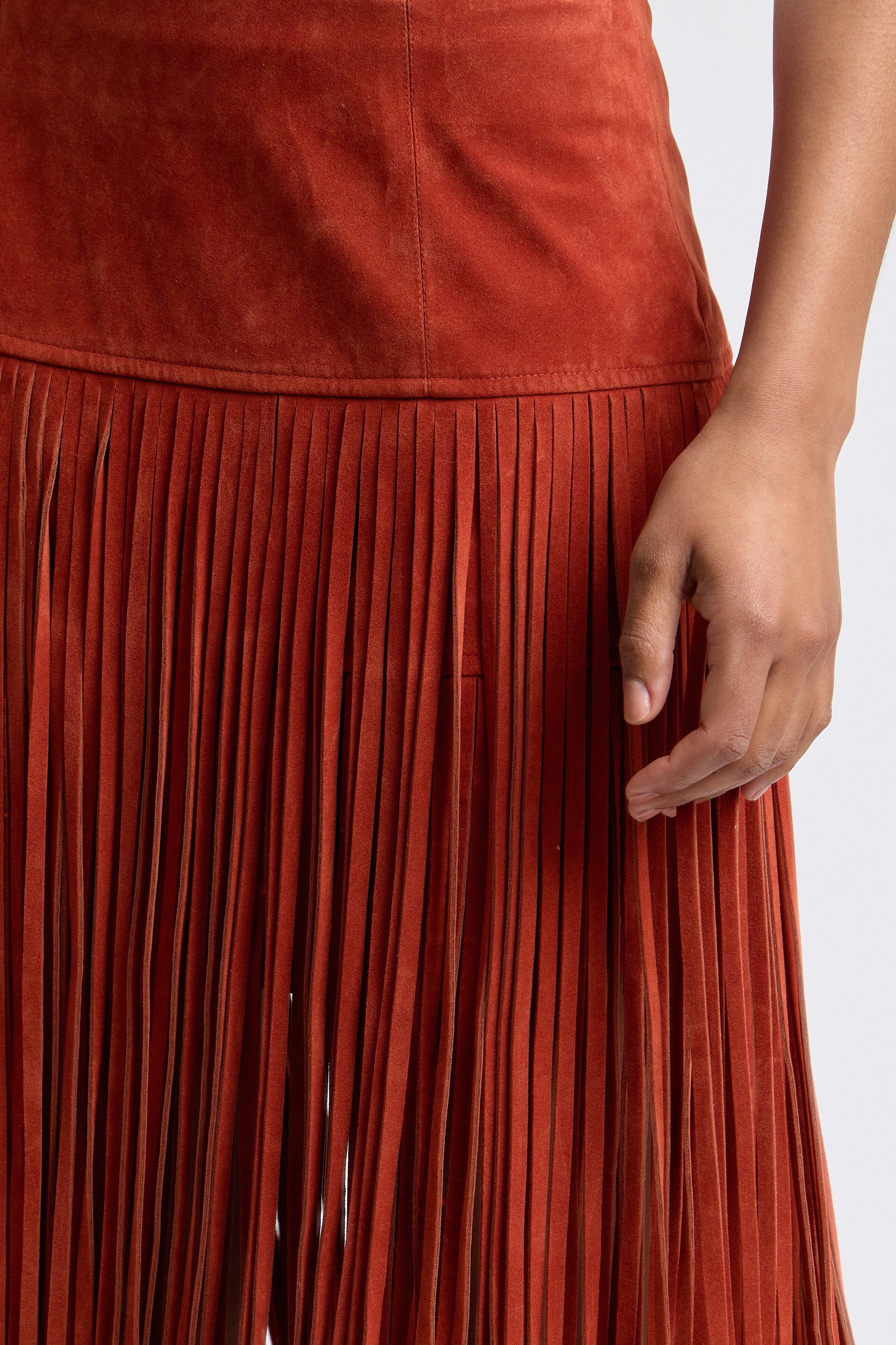 Red faux suede maxi fringe skirt - Shop designer women's cute faux suede skirts by Avec Les Filles