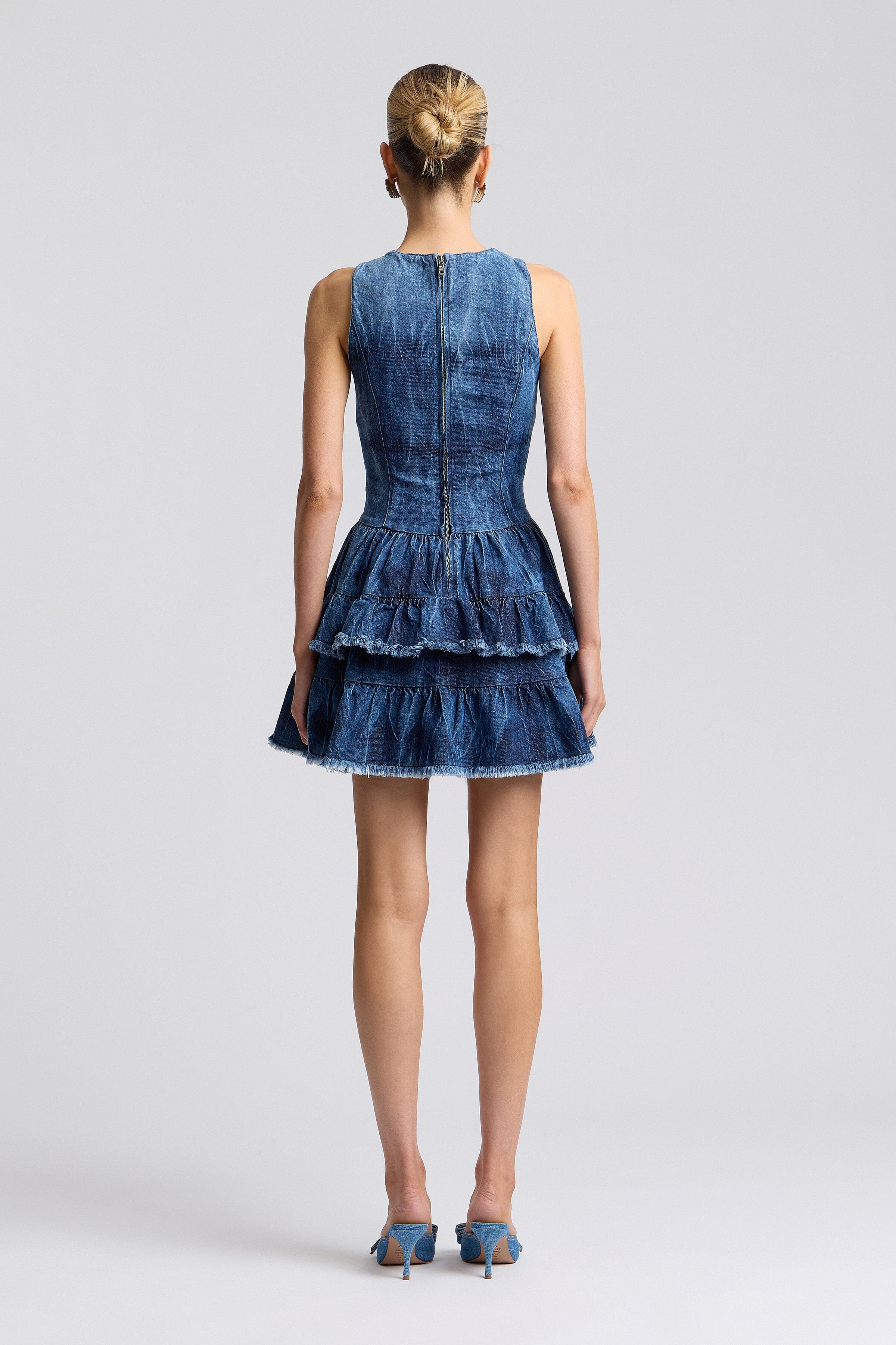 Tie-dye ruffle mini denim dress women - Shop designer women's cute mini dresses by Avec Les Filles