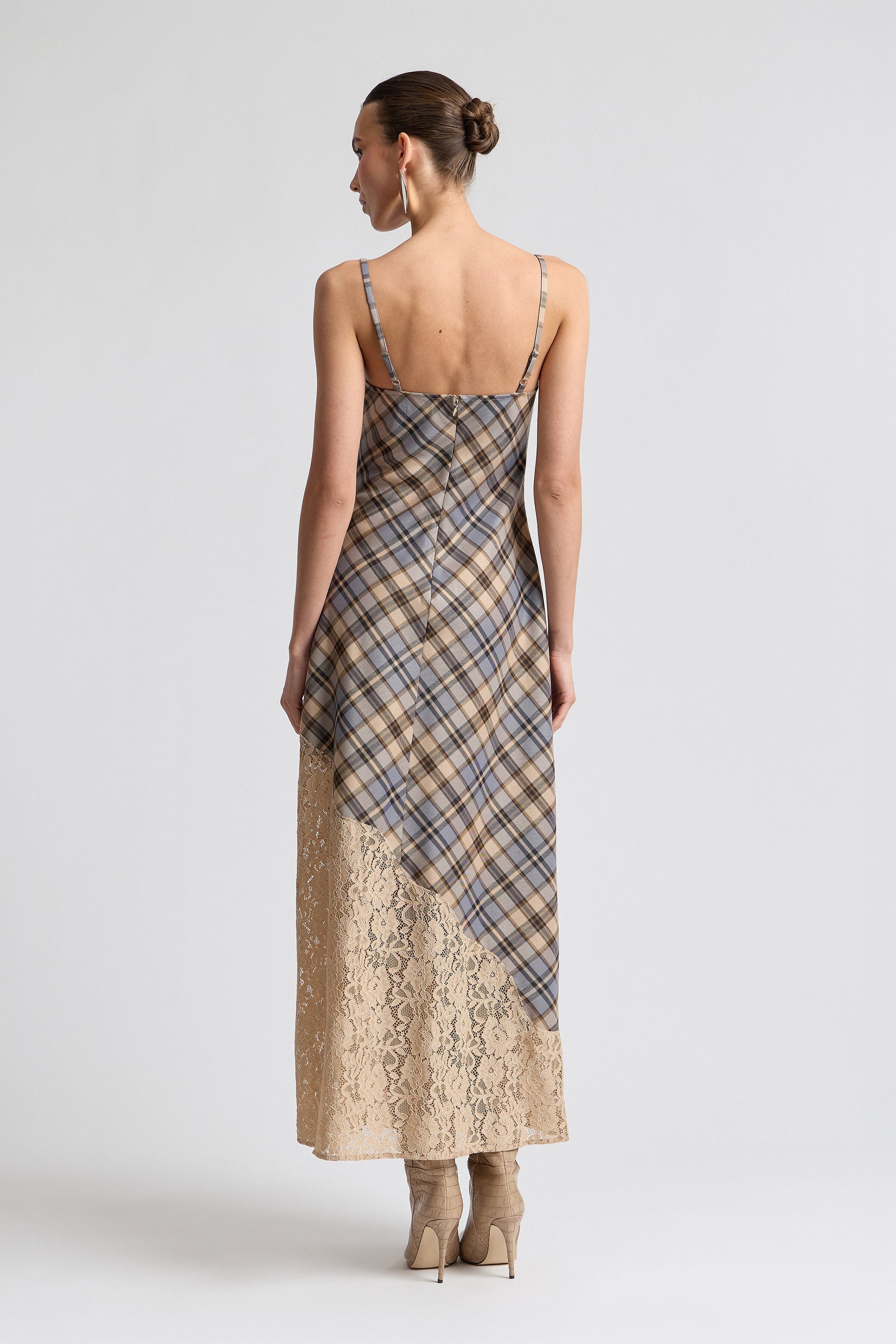 Brown plaid lace trim maxi dress - Shop designer women's cute maxi dresses by Avec Les Filles