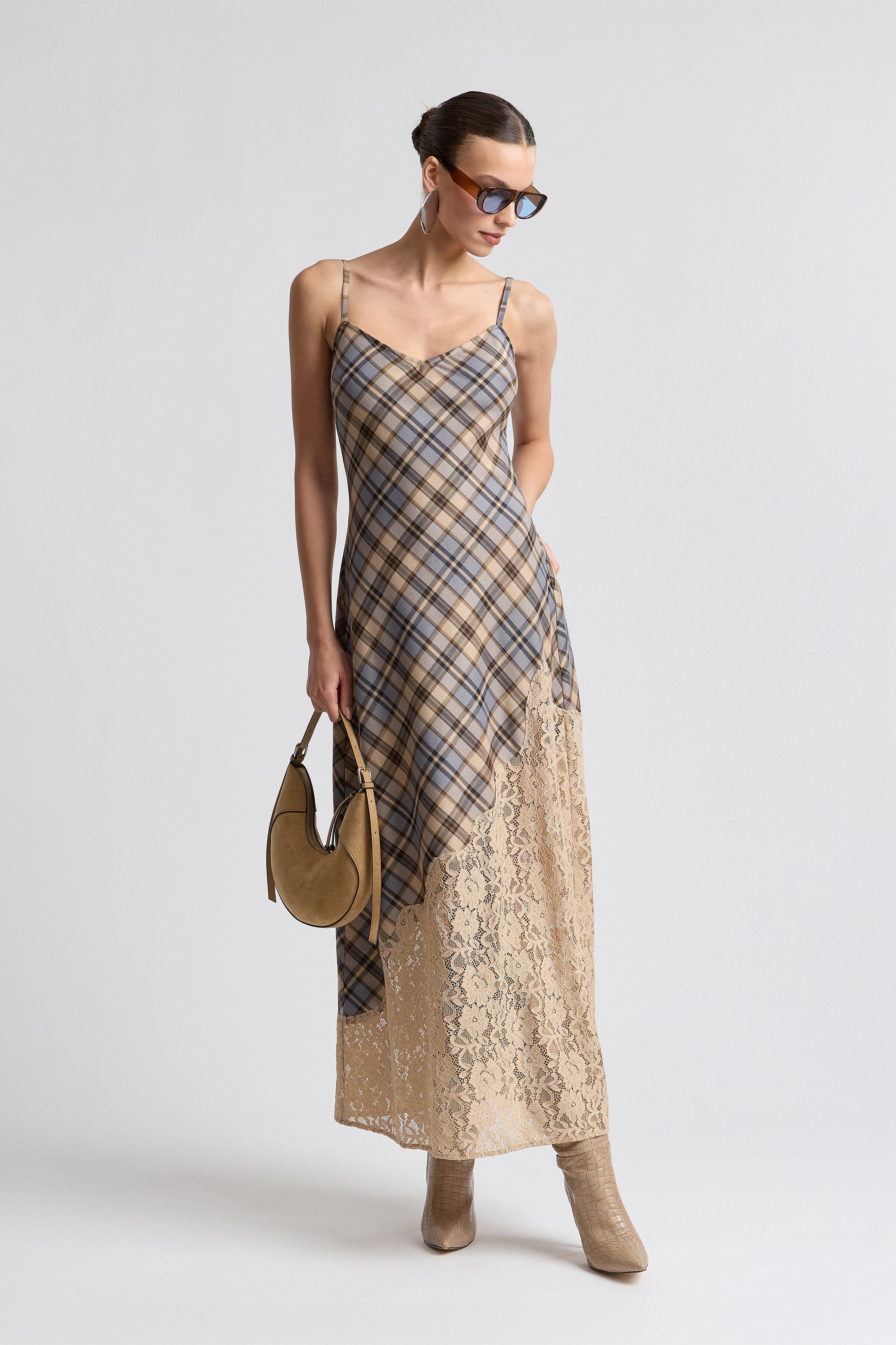 Brown plaid bias cut maxi dress - Shop designer women's maxi dresses by Avec Les Filles