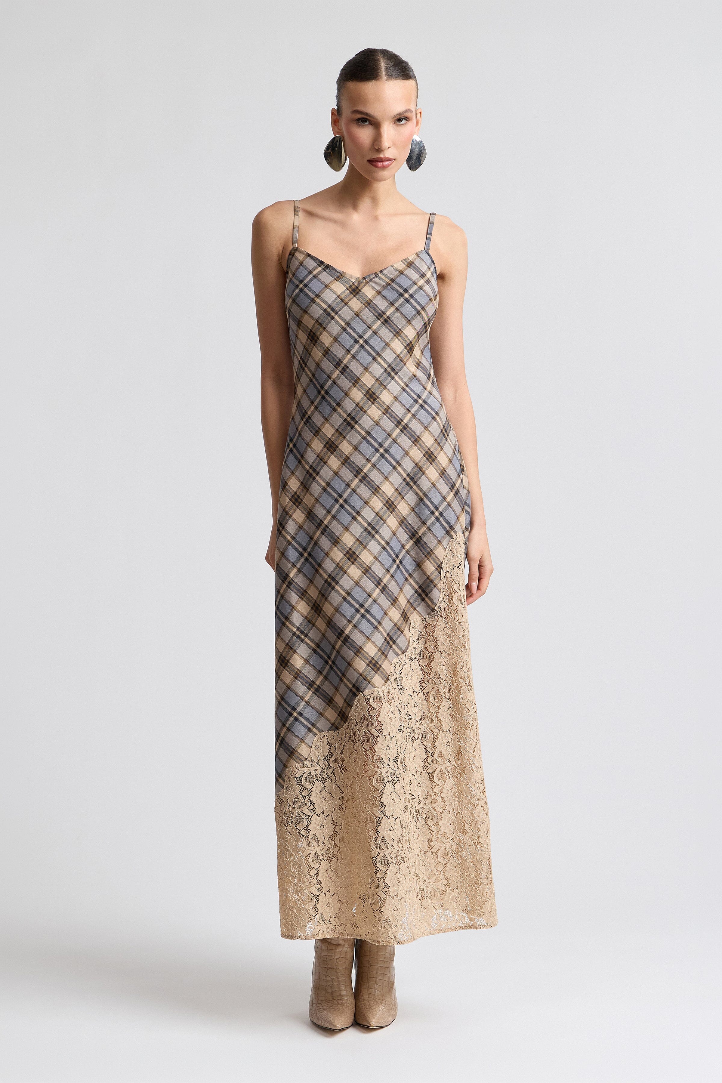 Brown plaid and lace dress with spaghetti strap - Shop designer women's cute maxi dresses by Avec Les Filles