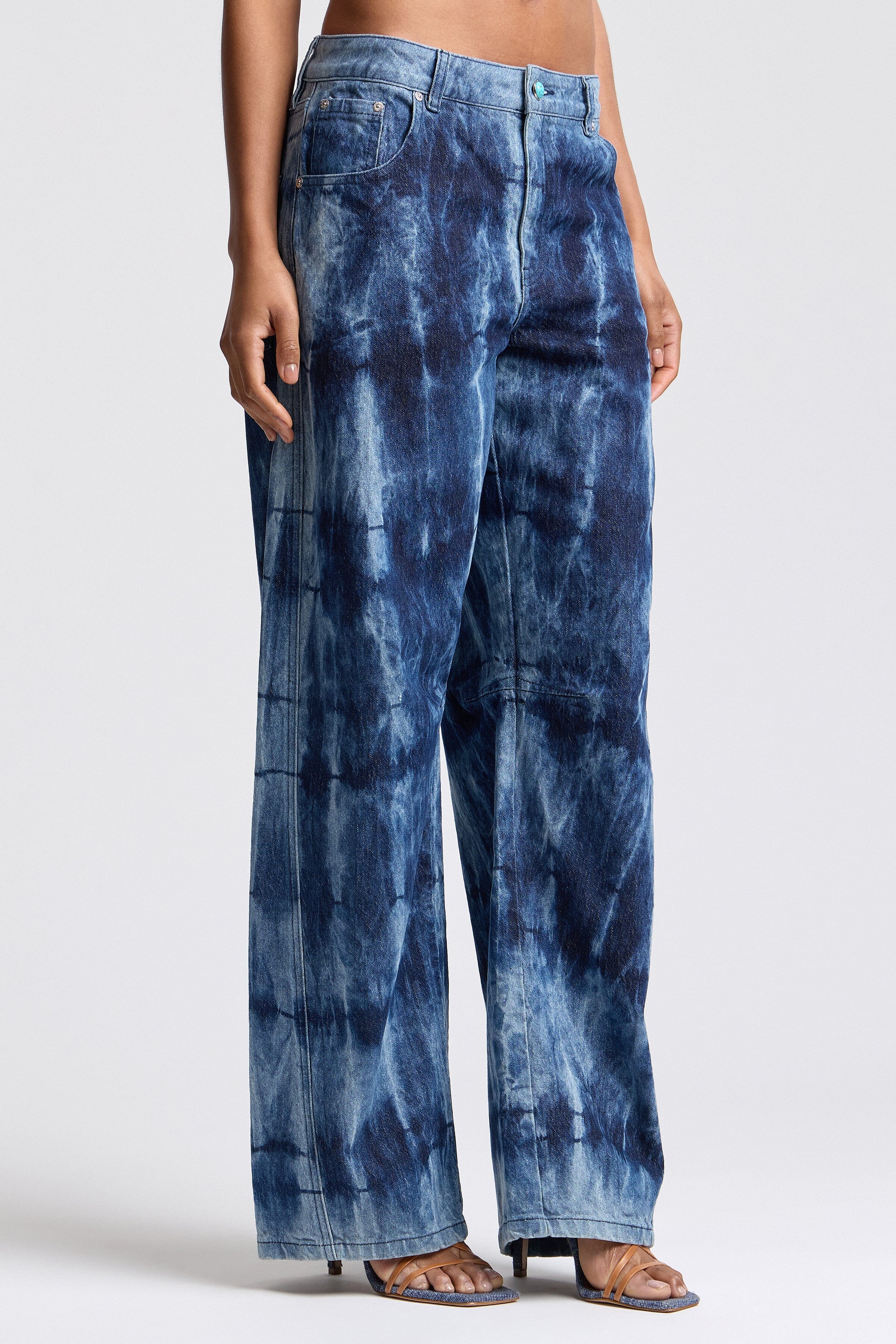 Blue tie-dye wide-leg pants with mid-rise - Shop designer women's cute denim jeans by Avec Les Filles.
