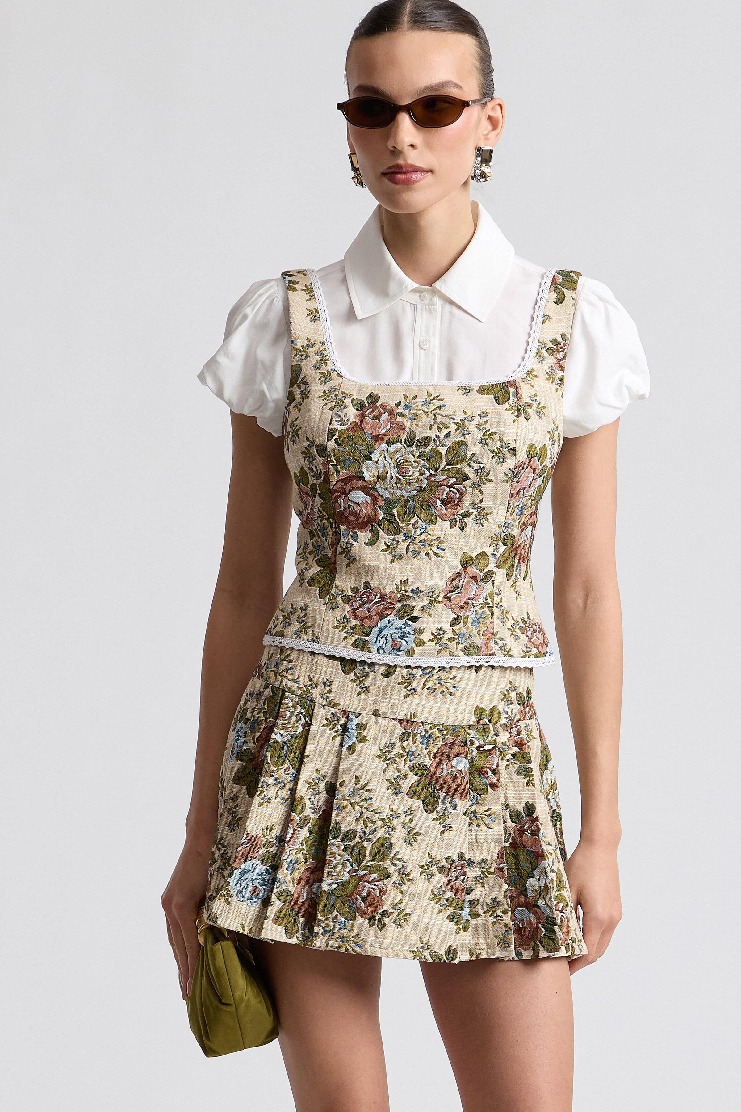 Floral taupe brocade top with square neck and wide shoulder straps - Shop women's cute floral tops by Avec Les Filles