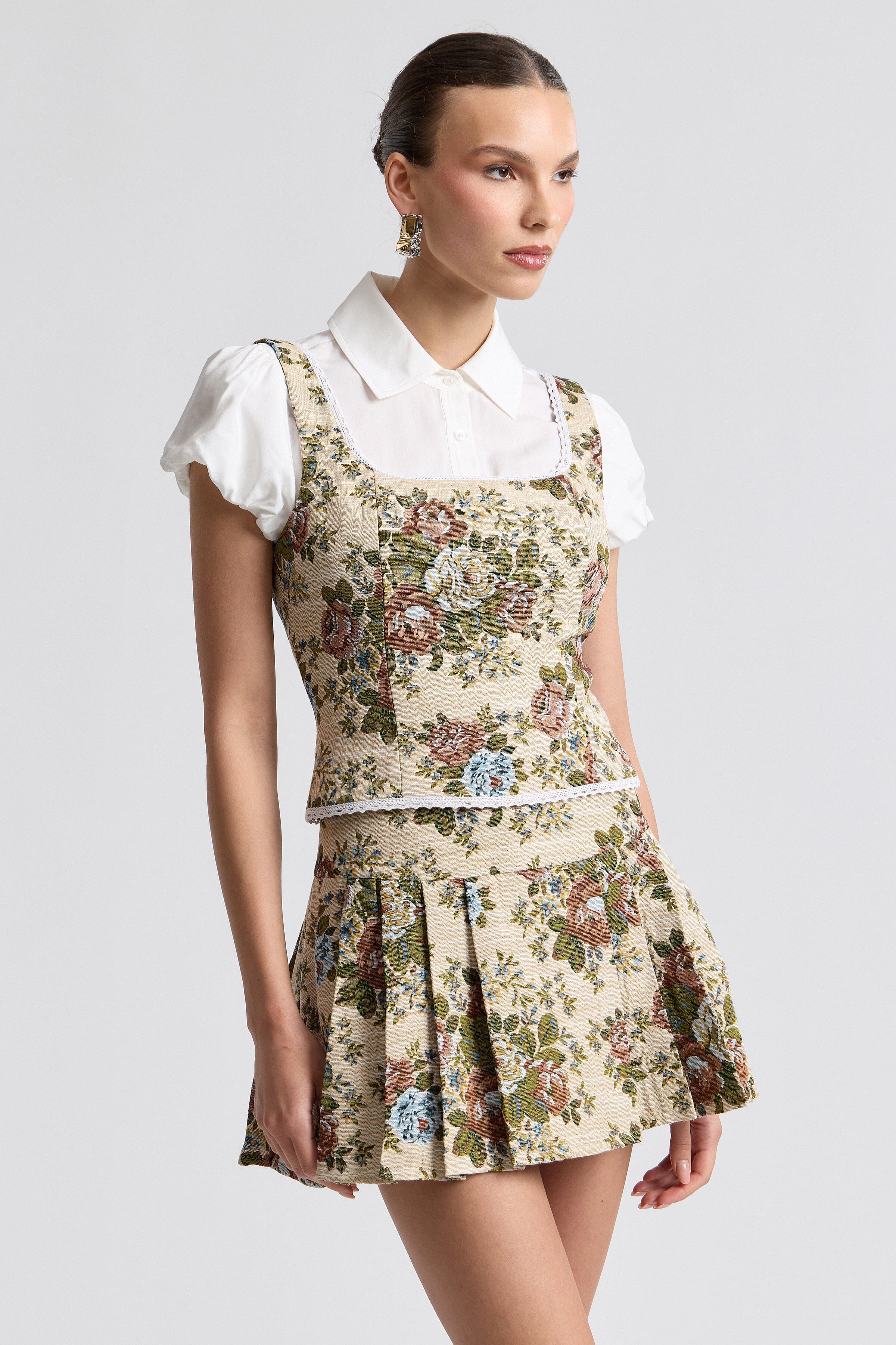 Taupe brocade floral square neck top with  and wide shoulder straps - Shop women's cute floral tops by Avec Les Filles