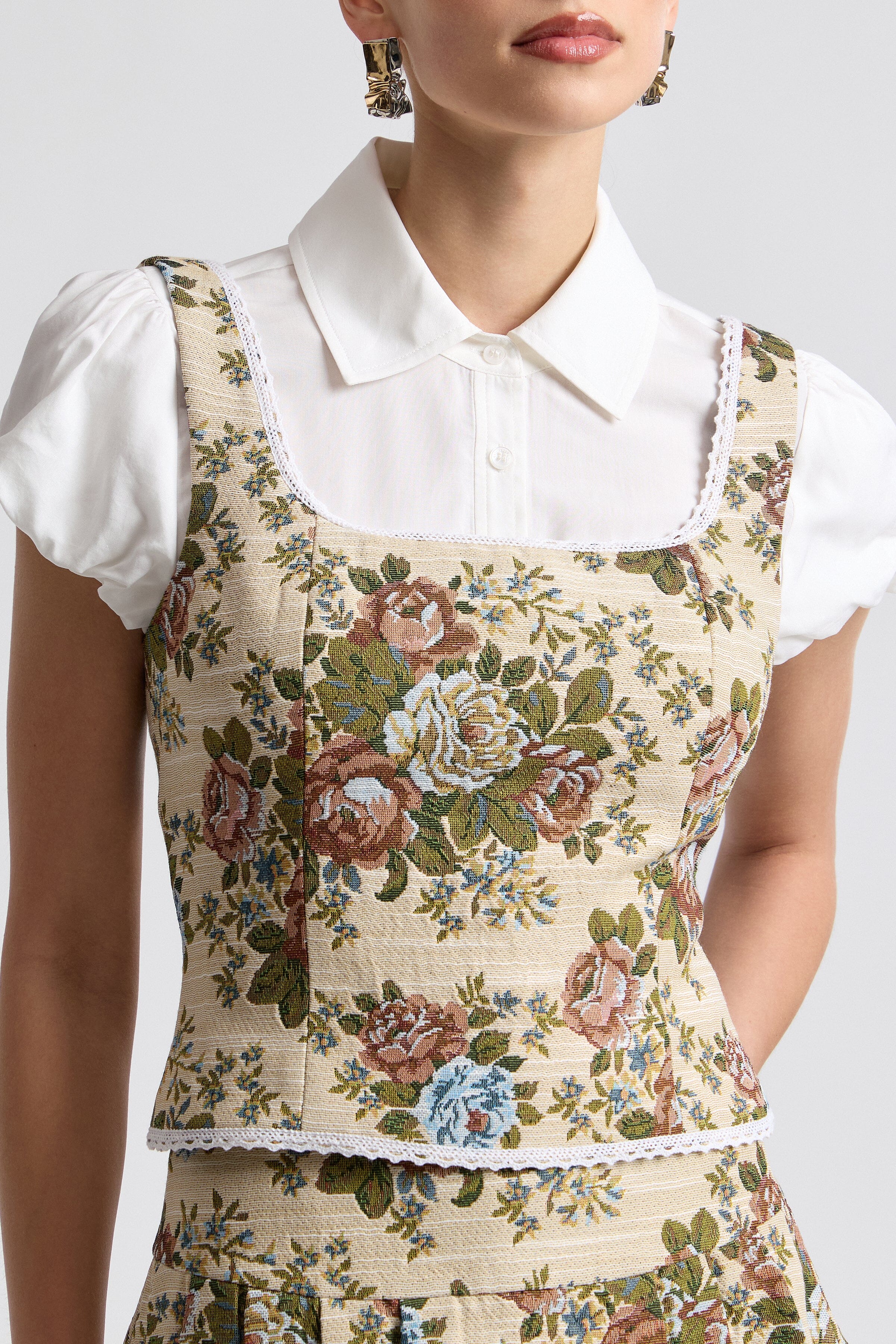 Floral taupe brocade top with square neck and wide shoulder straps - Shop women's floral tops by Avec Les Filles
