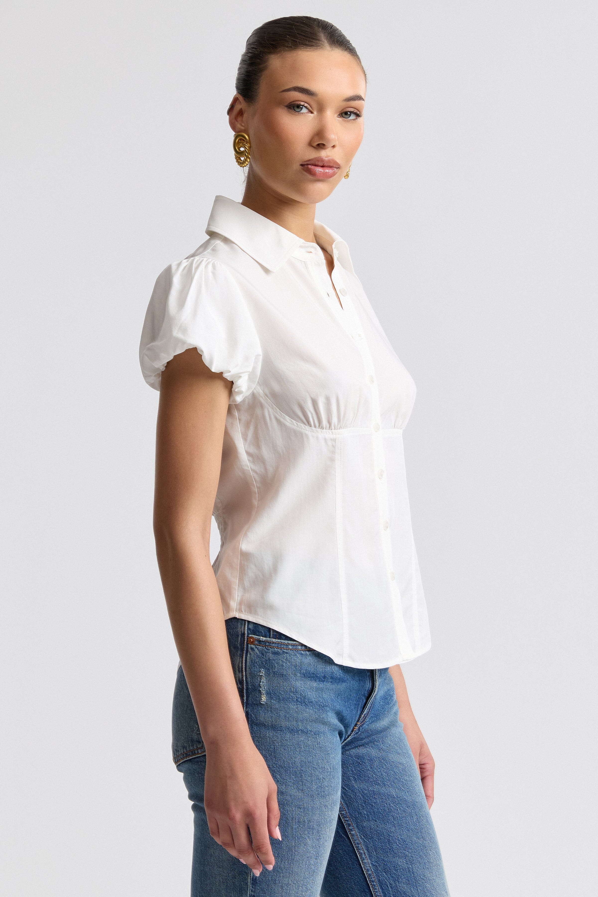 White short sleeve button up shirt womens​ in soft poplin top - Shop designer white tops by Avec Les Filles