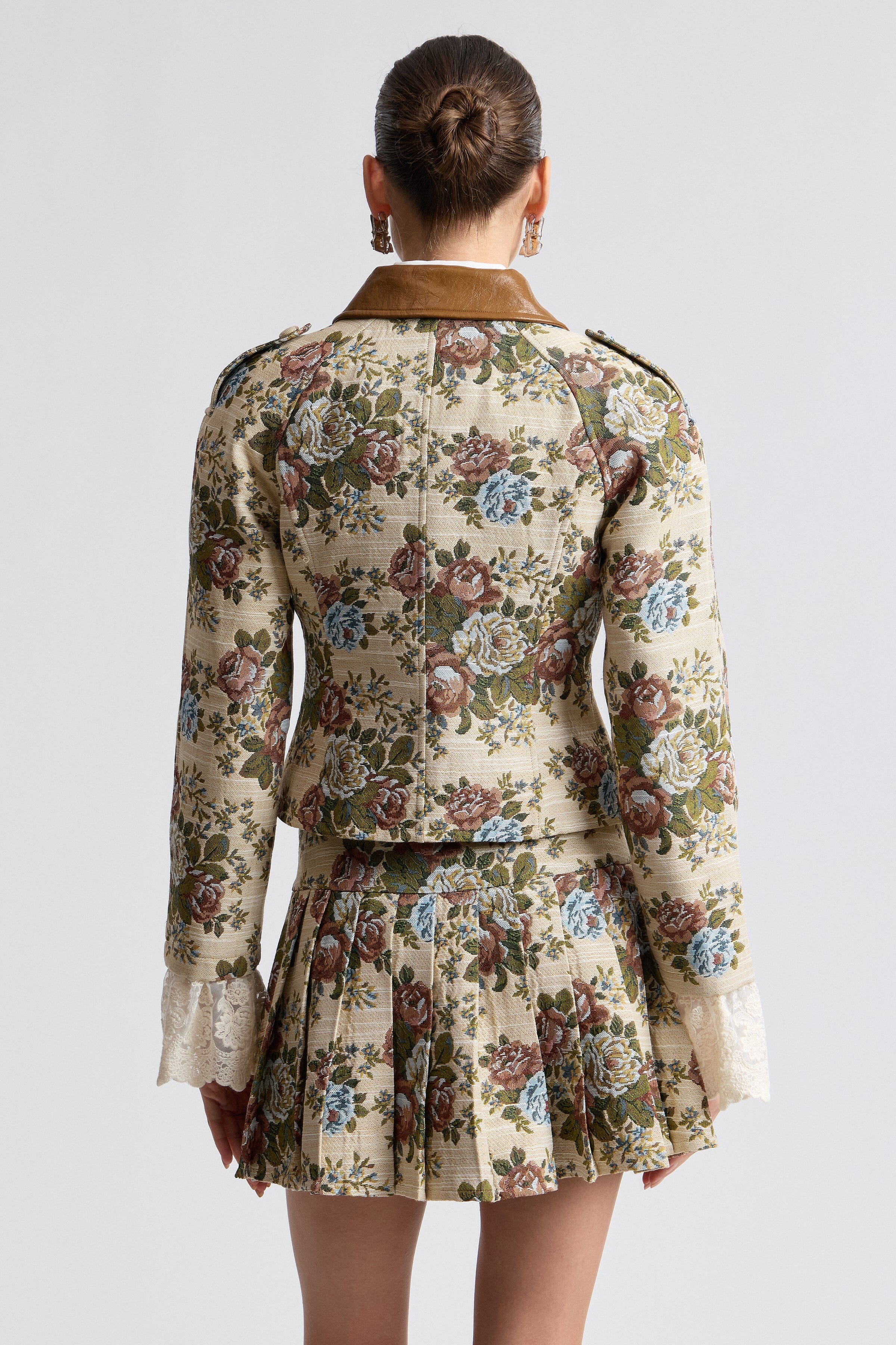 Taupe floral lace trim blazer. Shop designer women's blazers by Avec Les Filles.