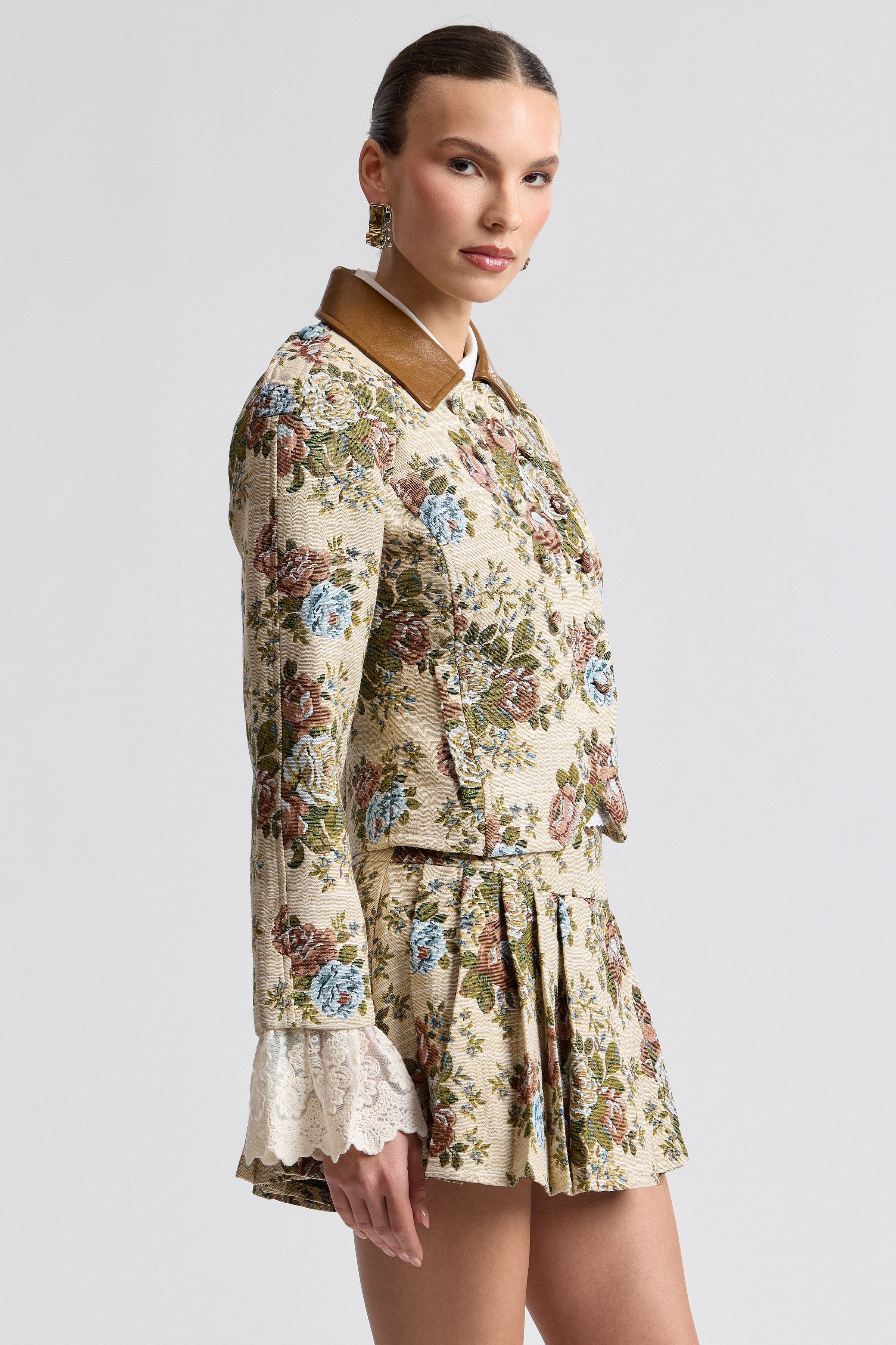 Taupe floral blazer for ladies. Shop designer women's blazers by Avec Les Filles.