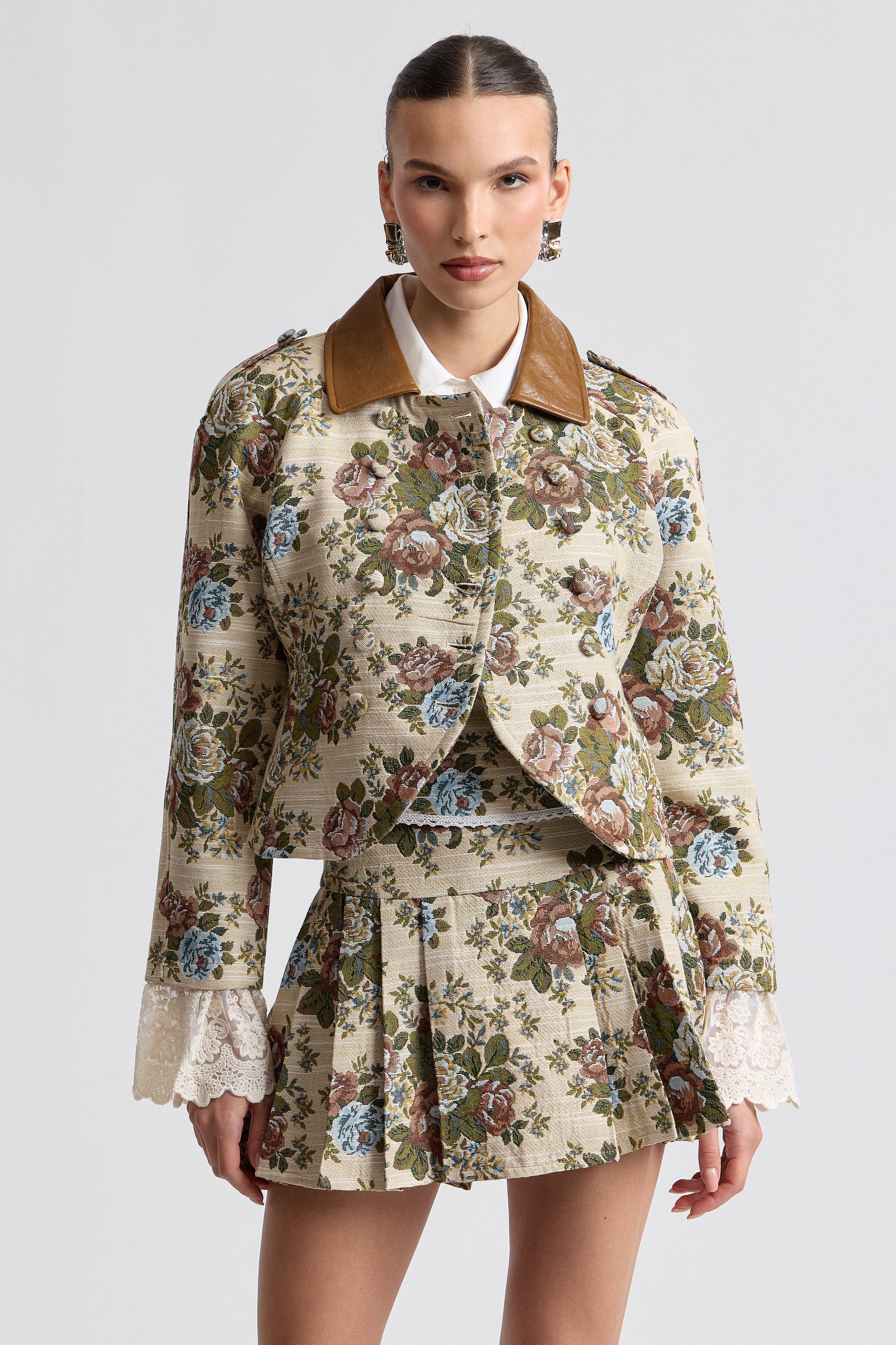 Taupe floral brocade blazer print. Shop designer women's blazers by Avec Les Filles.