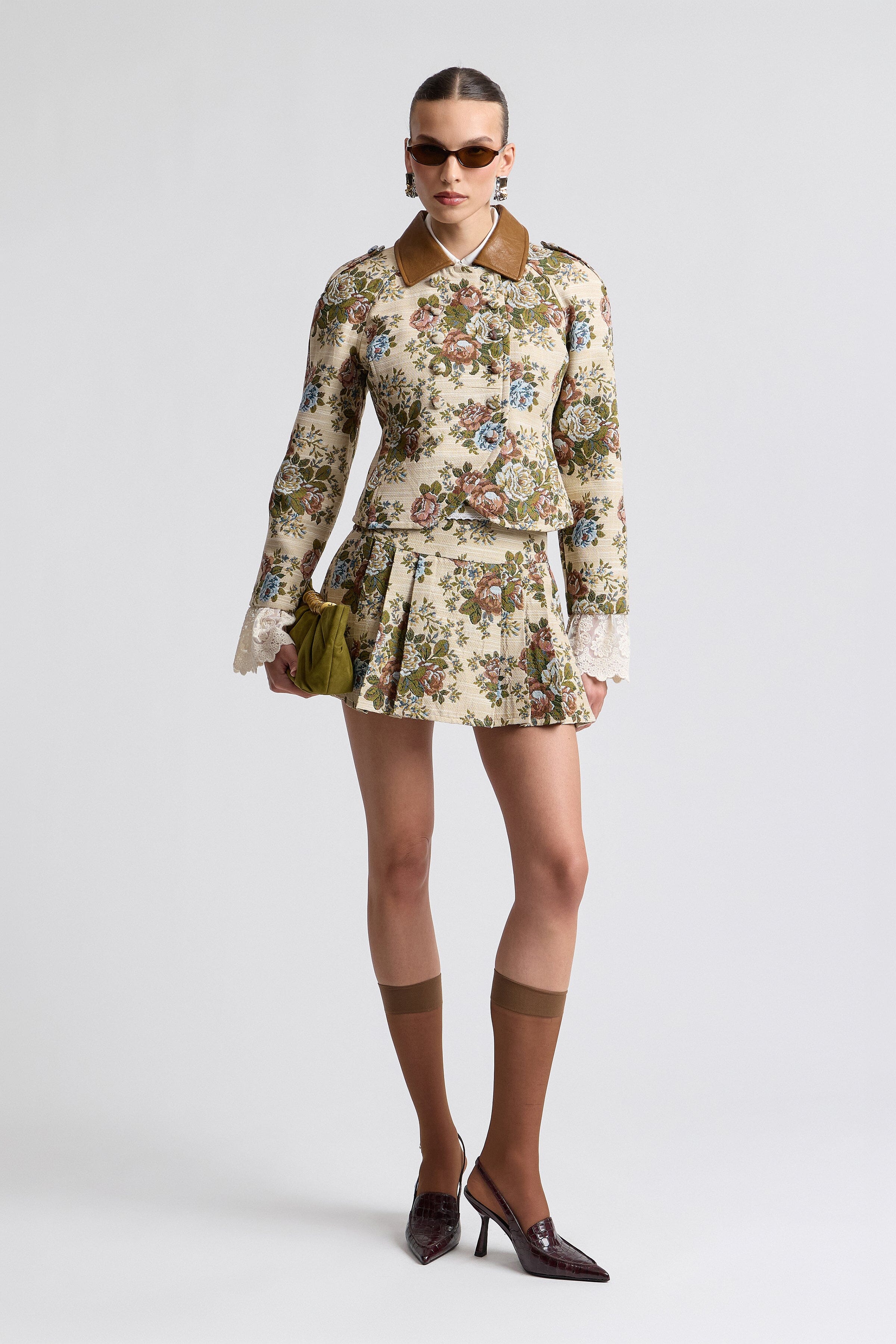 Taupe floral brocade ladies blazer. Shop designer women's blazers by Avec Les Filles.