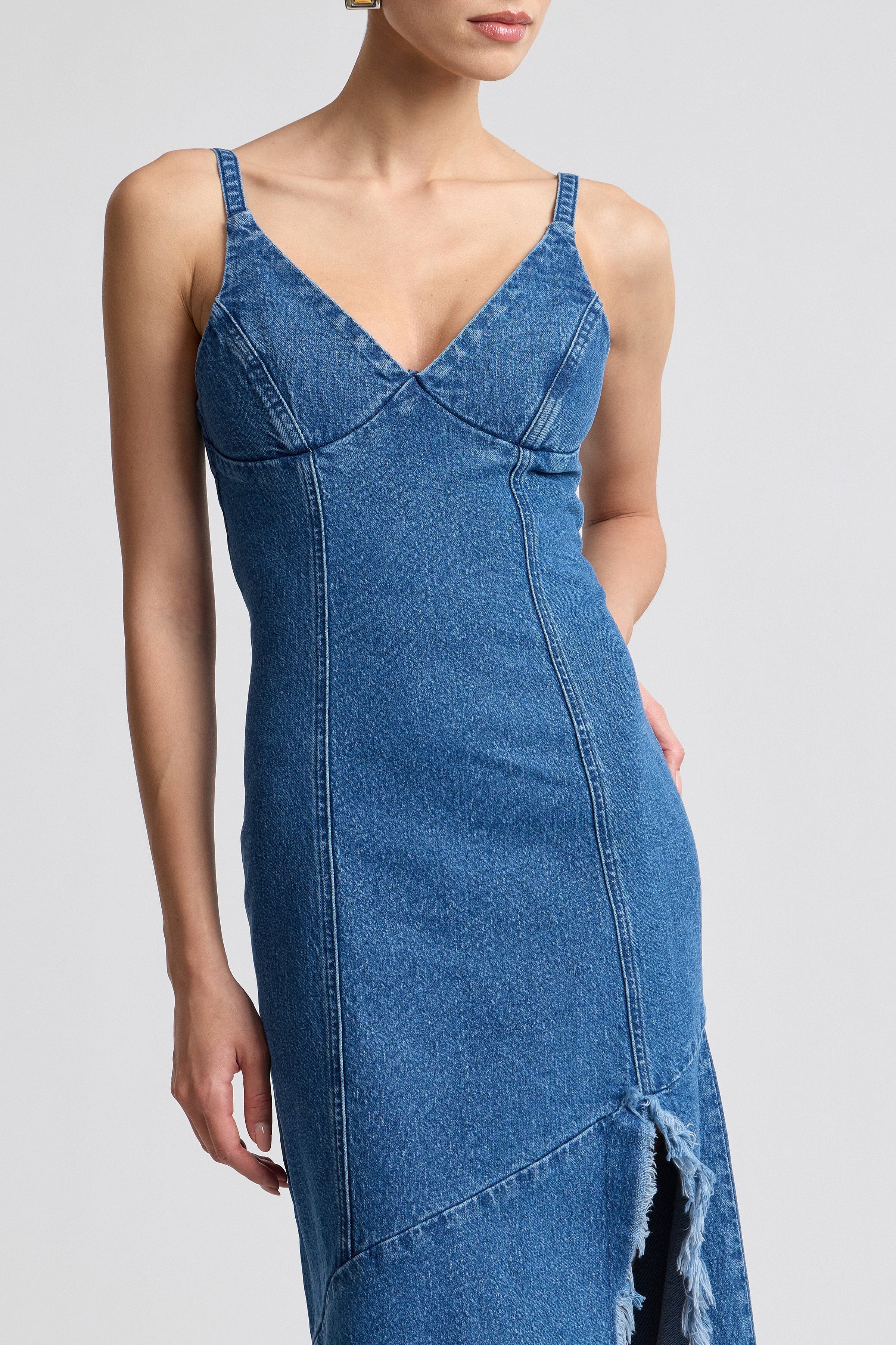 Frayed hem denim asymmetrical dress with V-neck and adjustable straps - Shop sleeveless maxi dresses by Avec Les Filles