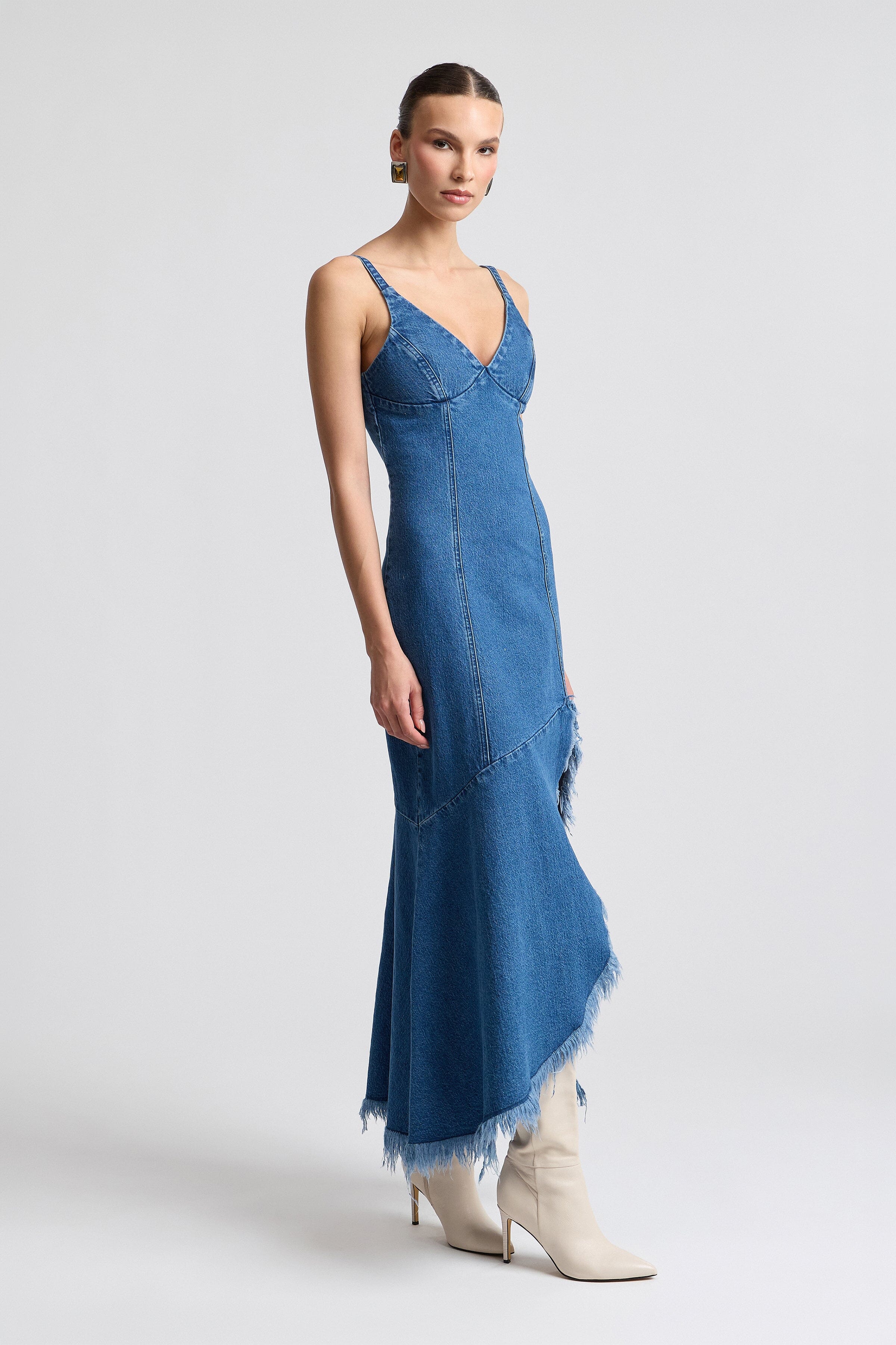 Frayed hem asymmetric denim dress with adjustable straps - Shop women's midi denim dresses by Avec Les Filles