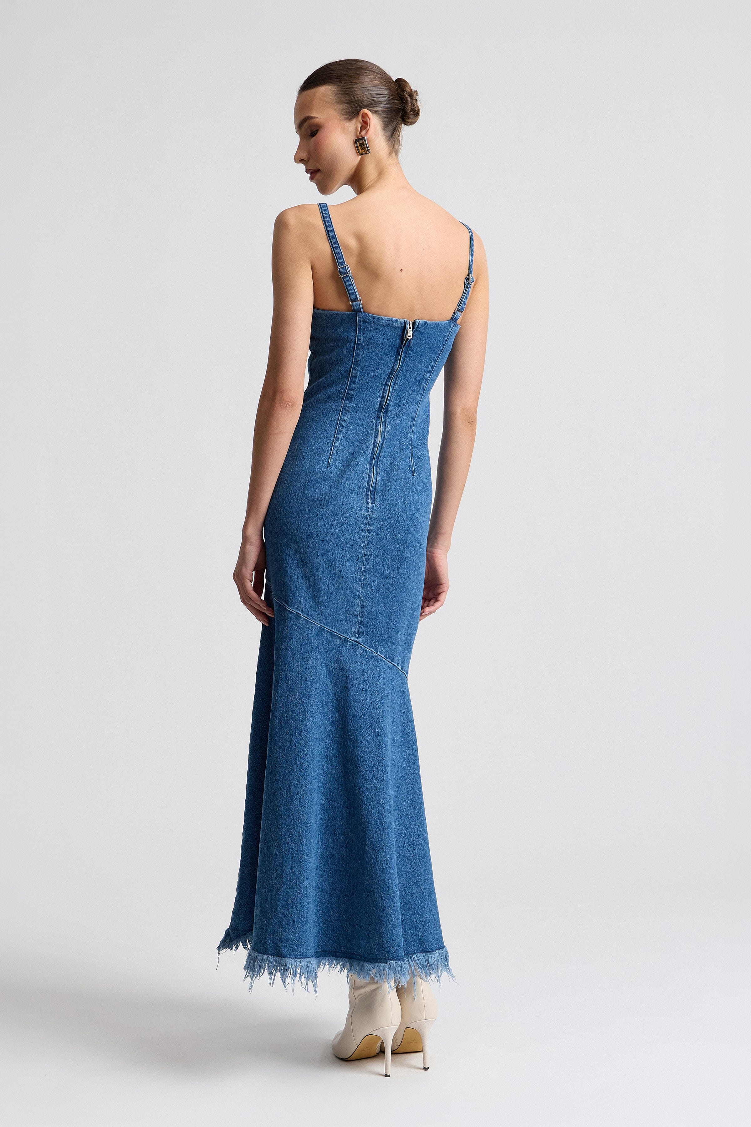 Frayed hem asymmetric cotton denim dress with adjustable straps - Shop women's maxi dresses by Avec Les Filles