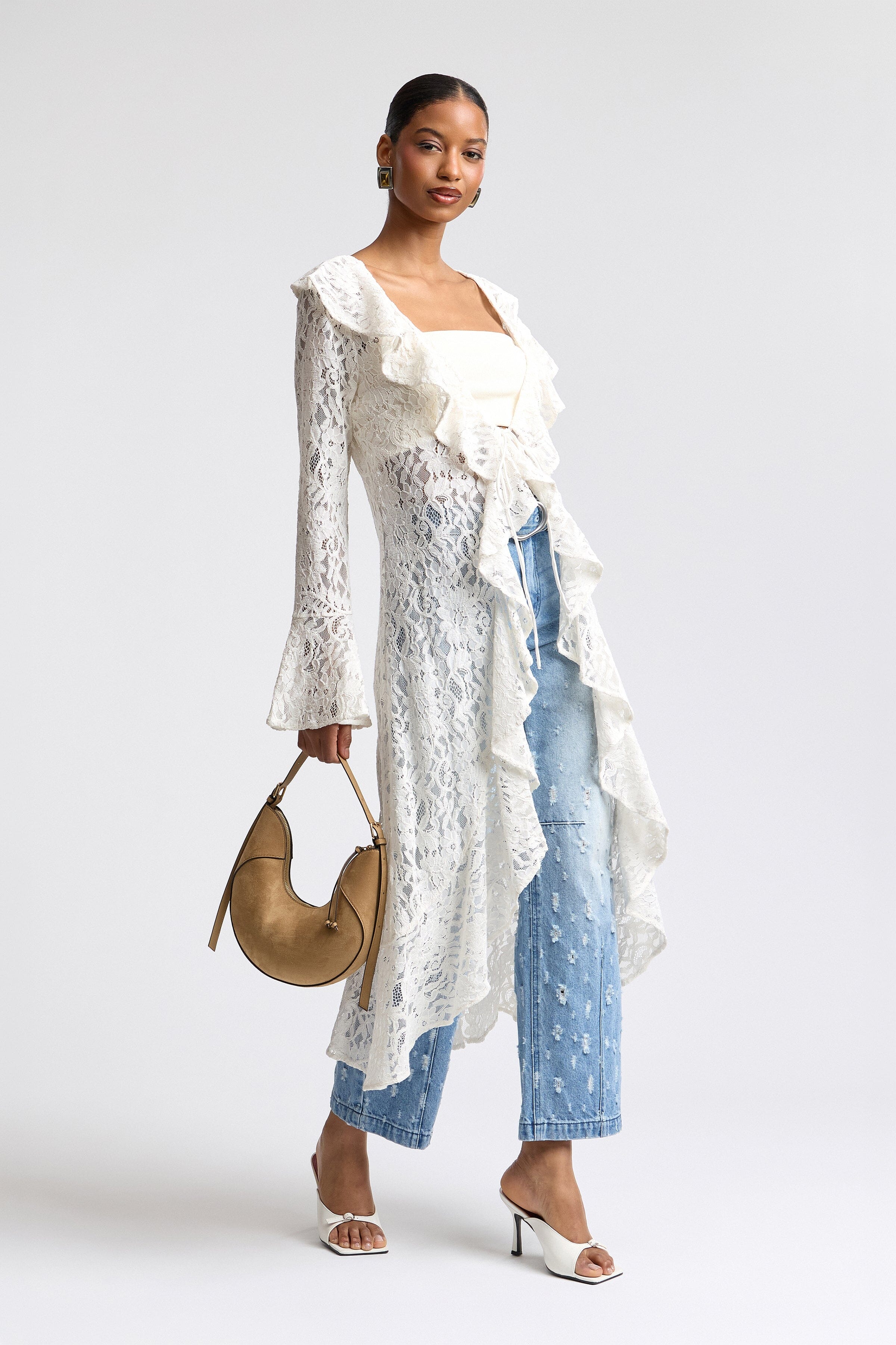 Tie-front ruffle long lace duster cardigan white in cotton blend with long sleeves - Shop women's dusters by Avec Les Filles
