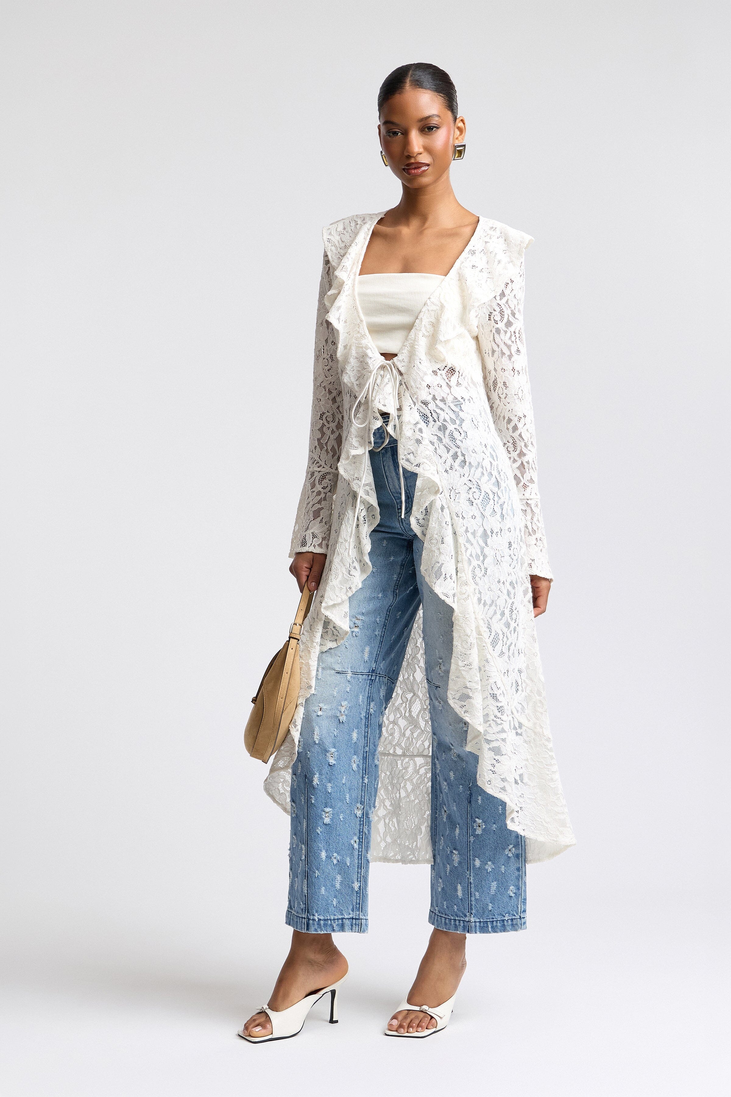 Tie Front Ruffle White Long Lace Duster Cardigan