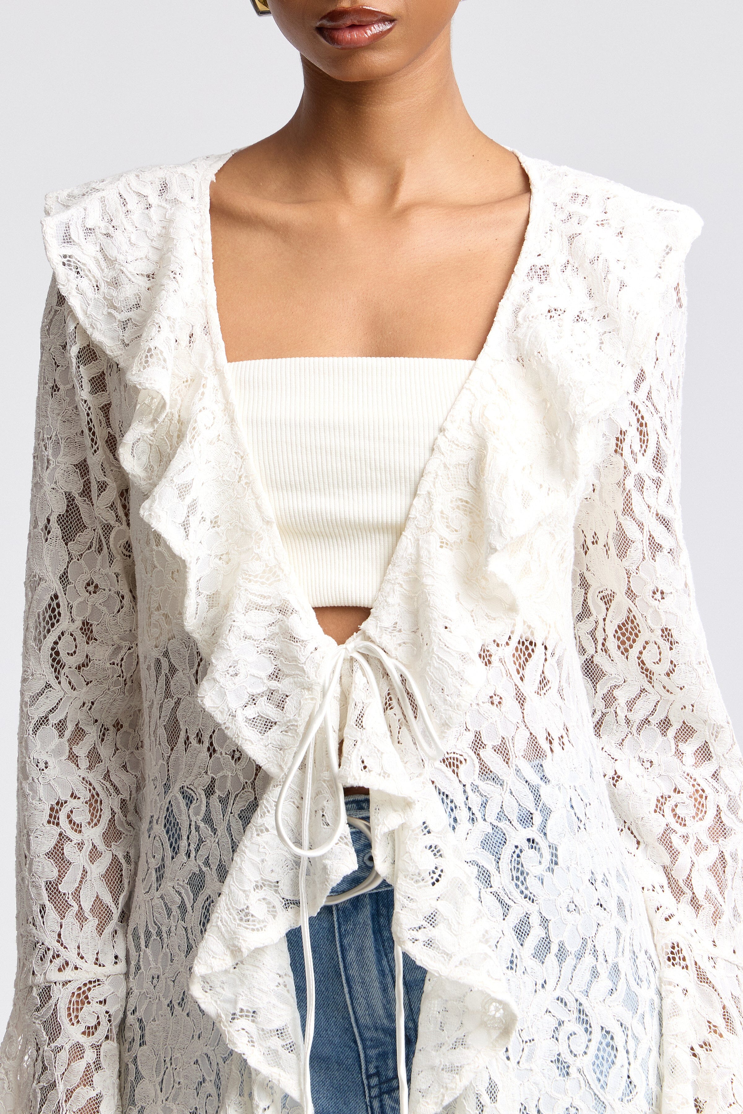 Tie-front ruffle white lace duster cardigan in cotton blend with long sleeves - Shop  cute long dusters by Avec Les Filles