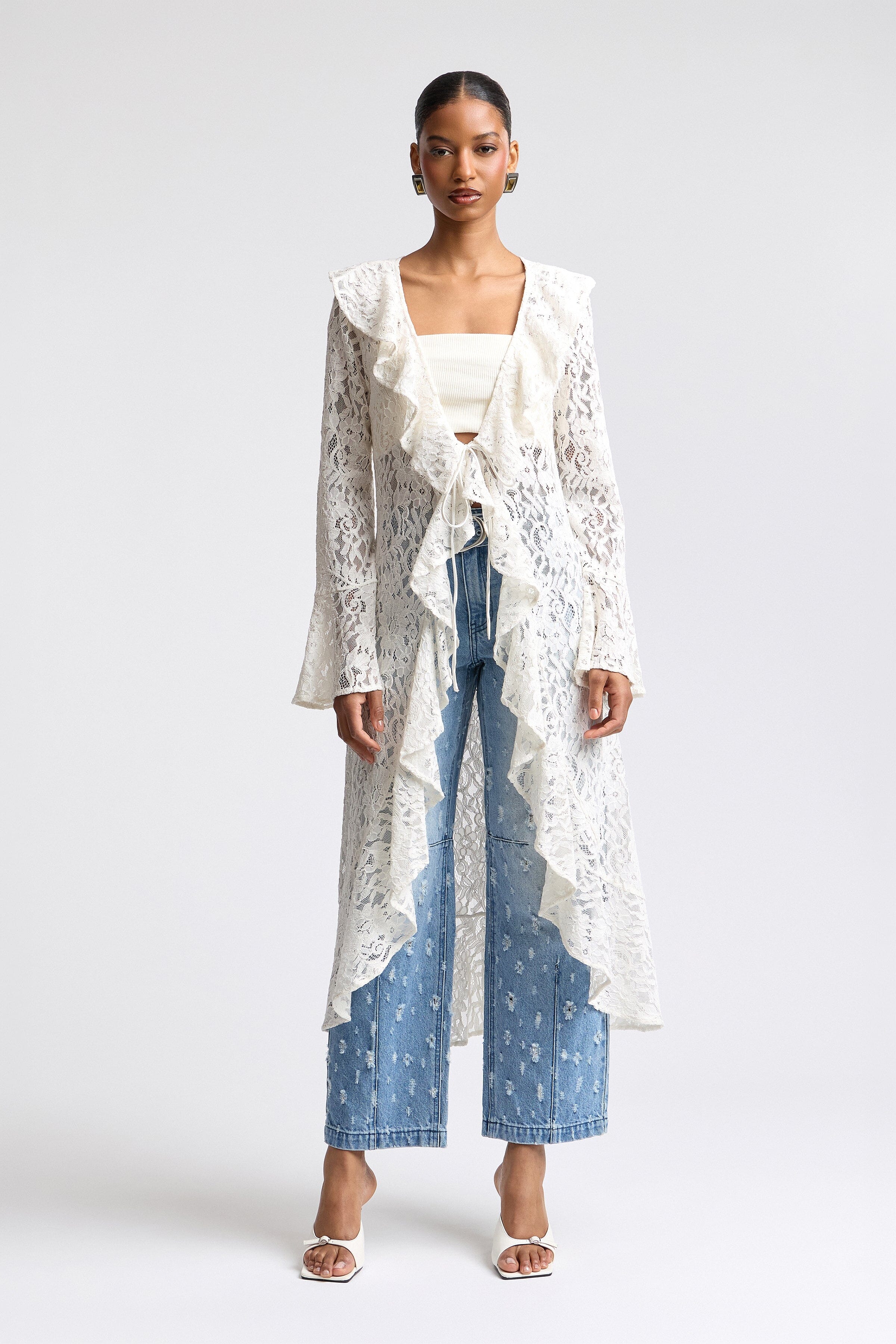 Tie Front Ruffle White Long Lace Duster Cardigan
