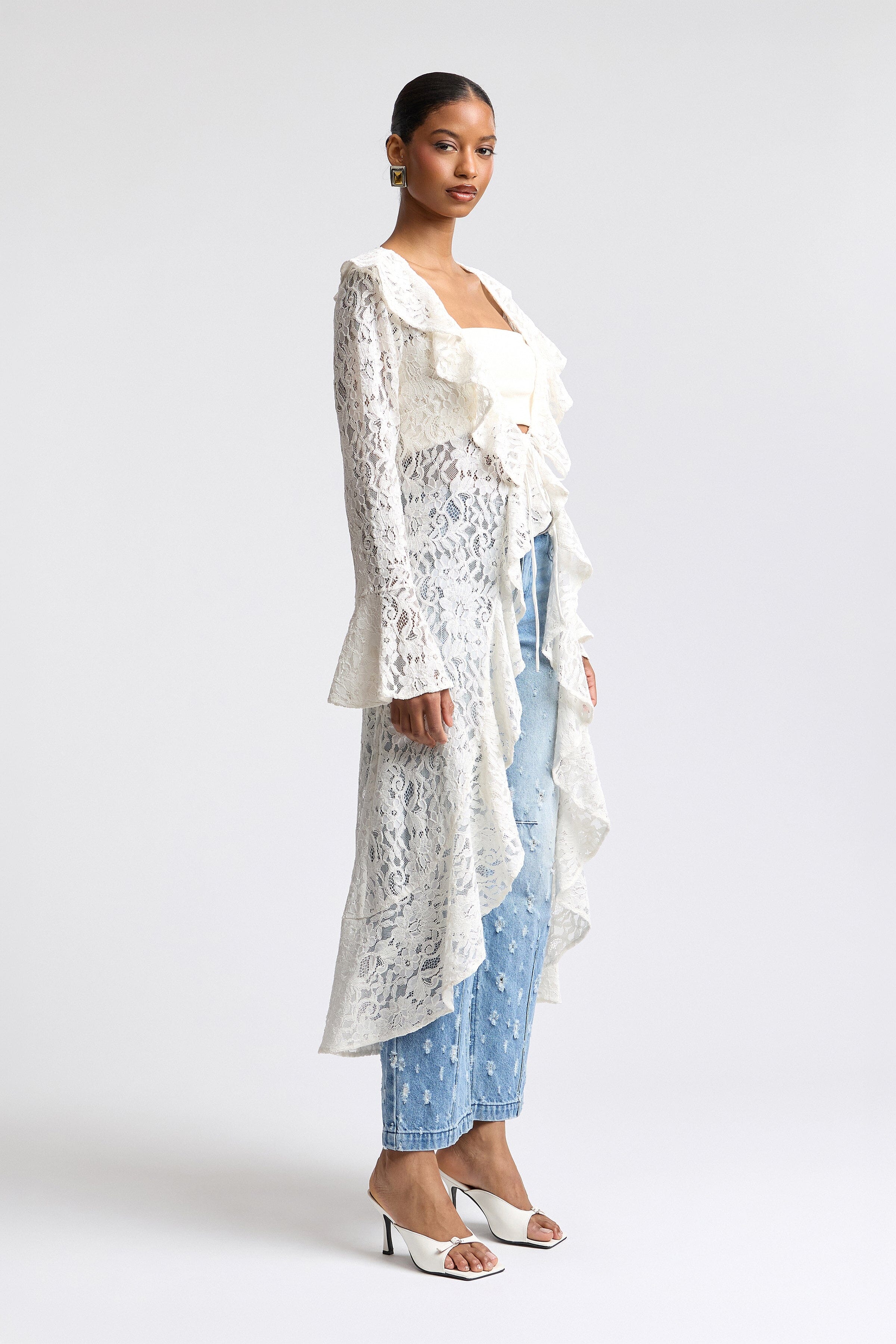 Tie Front Ruffle White Long Lace Duster Cardigan