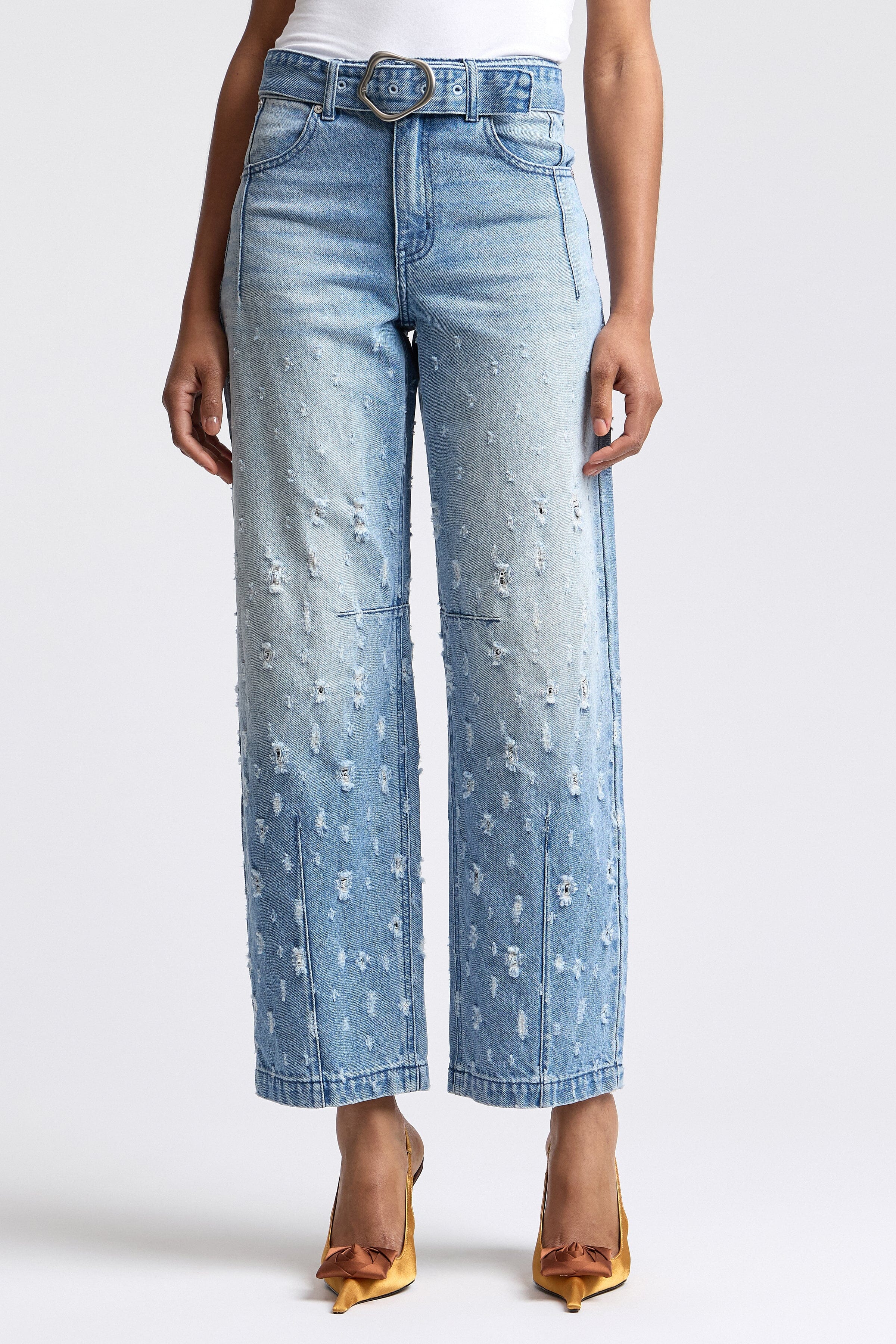 Blue cotton denim wide leg distressed jeans​ with removable belt - Shop women's cute denim jeans by Avec Les Filles.
