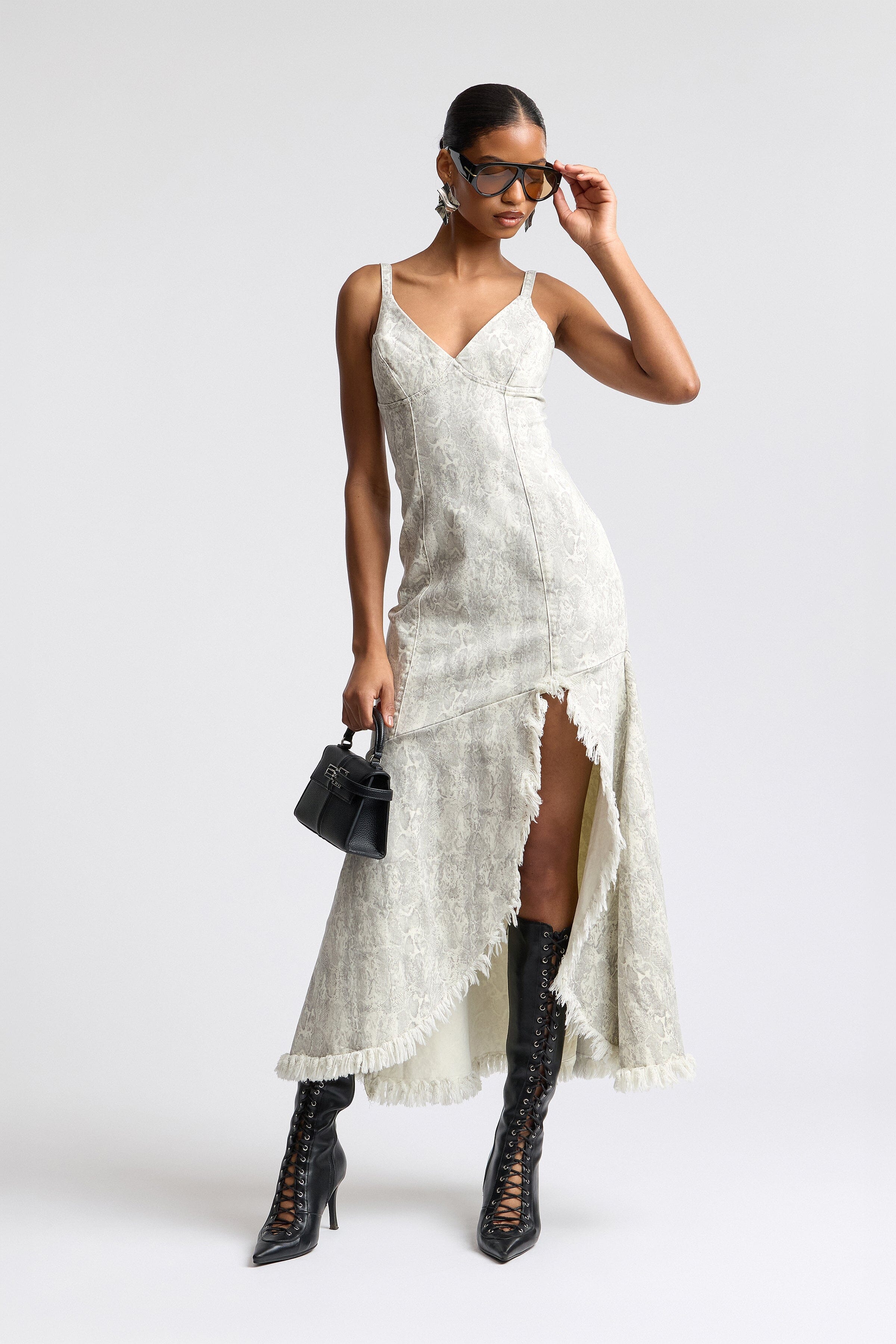 Midi asymmetric denim dress with snake print and adjustable shoulder straps - Shop cute midi dresses by Avec Les Filles