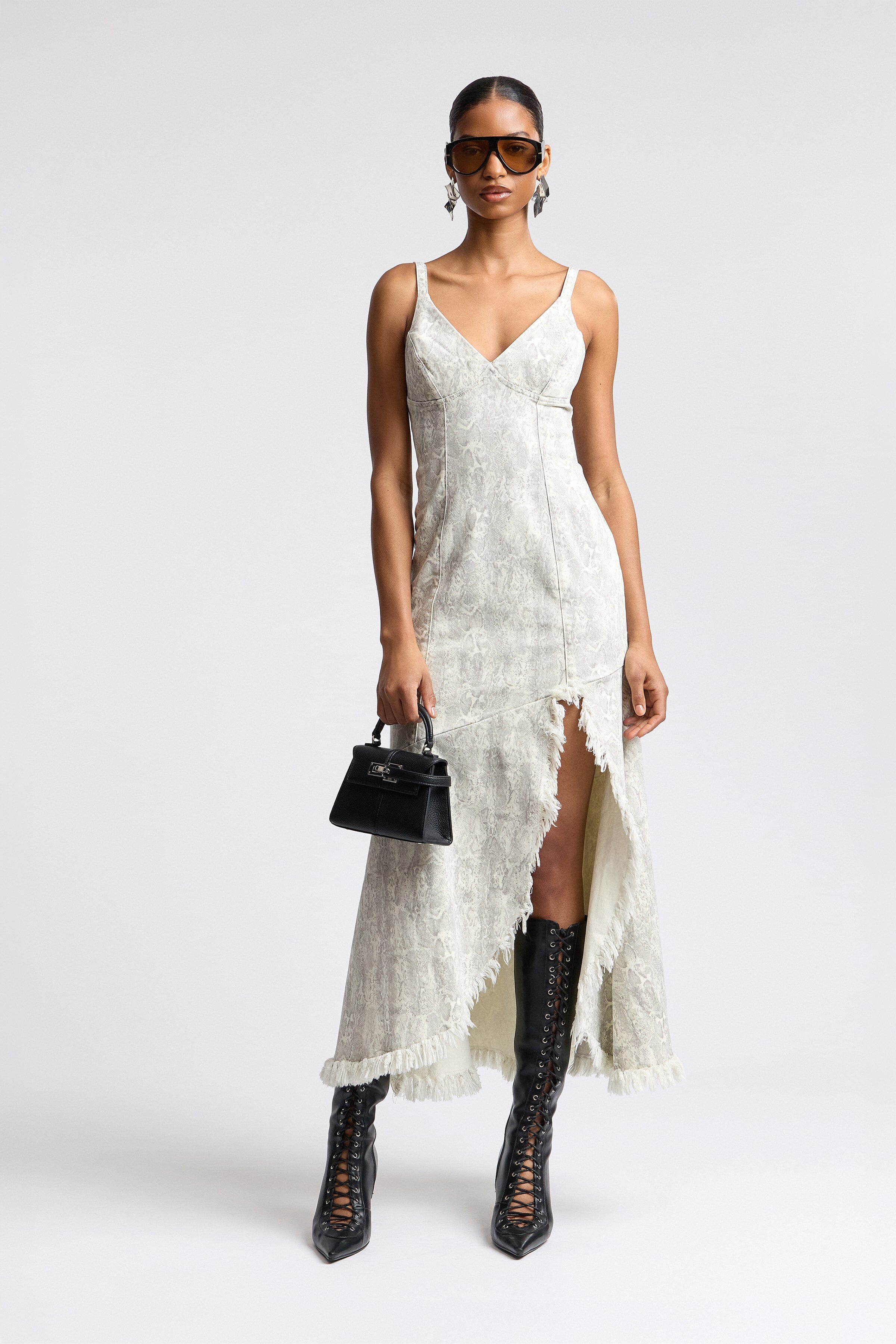 Snake skin midi asymmetric denim dress with adjustable straps and  V-neck - Shop cute midi dresses by Avec Les Filles