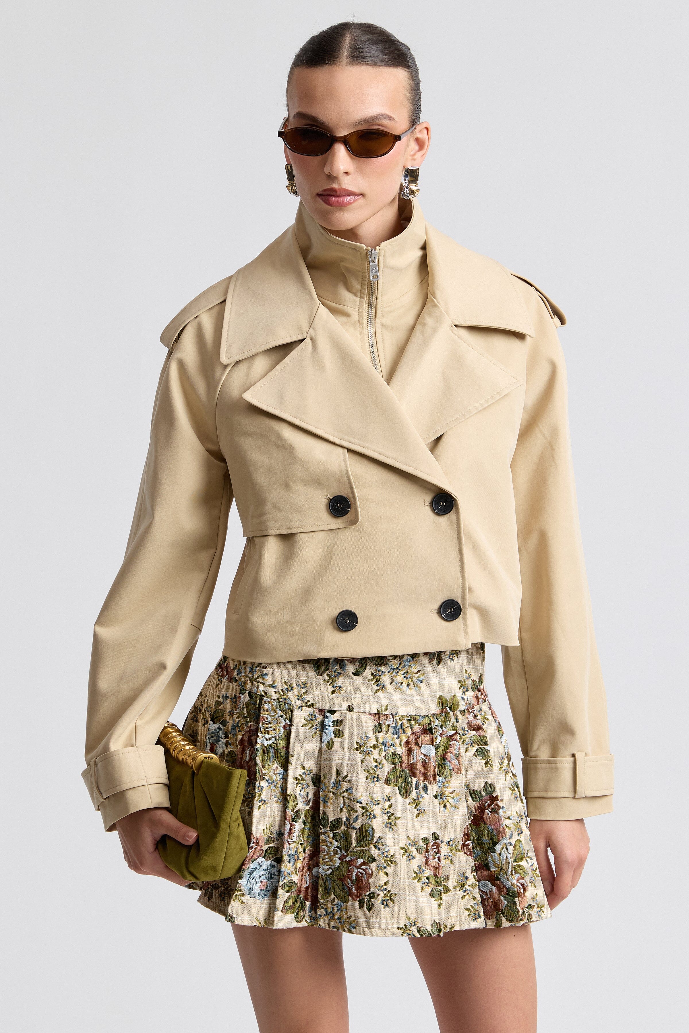 Khaki cropped funnel neck trench coat with long raglan sleeves - Shop designer women's trench coats by Avec Les Filles
