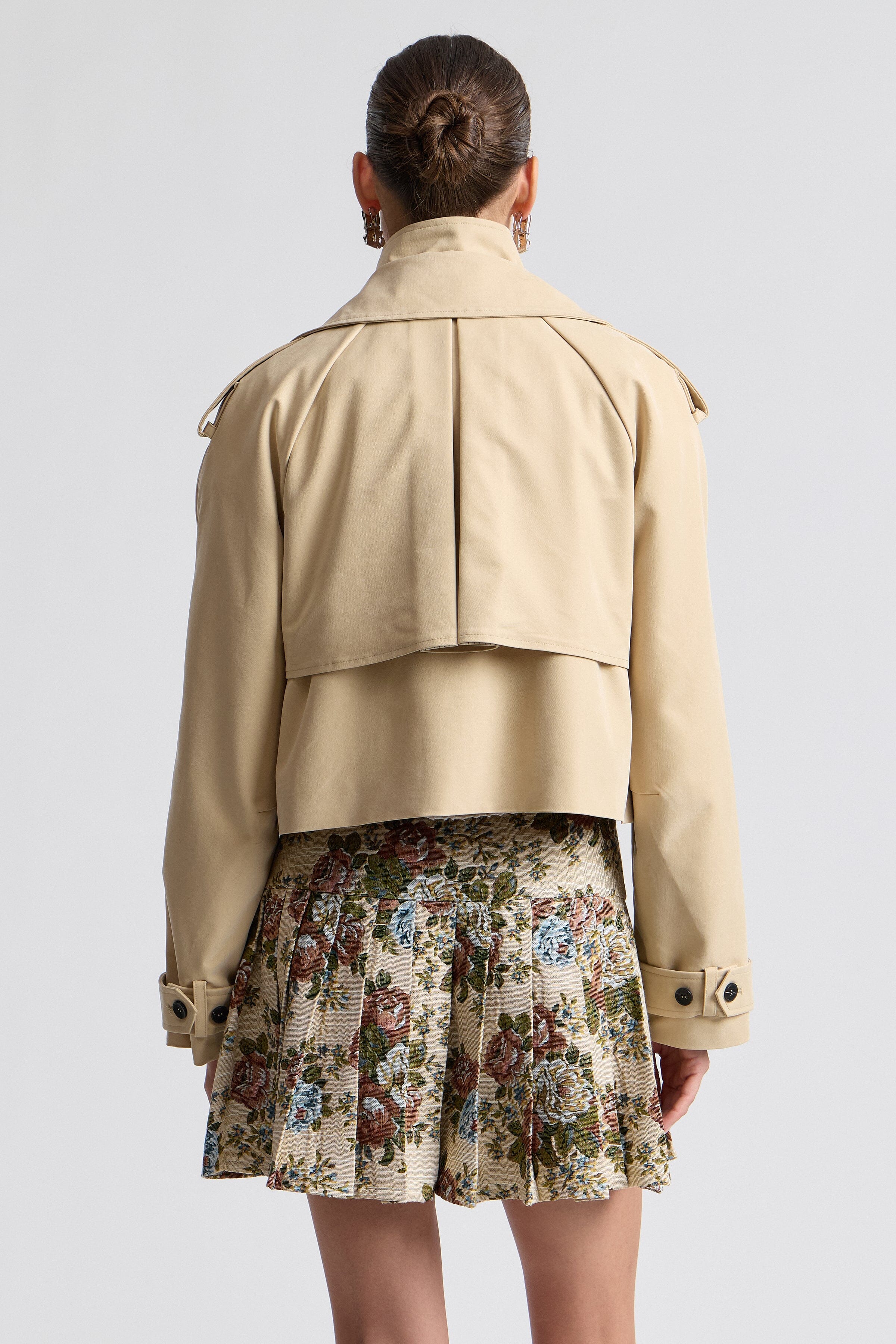 Khaki cropped funnel neck trench coat with long raglan sleeves - Shop designer women's trench coats by Avec Les Filles