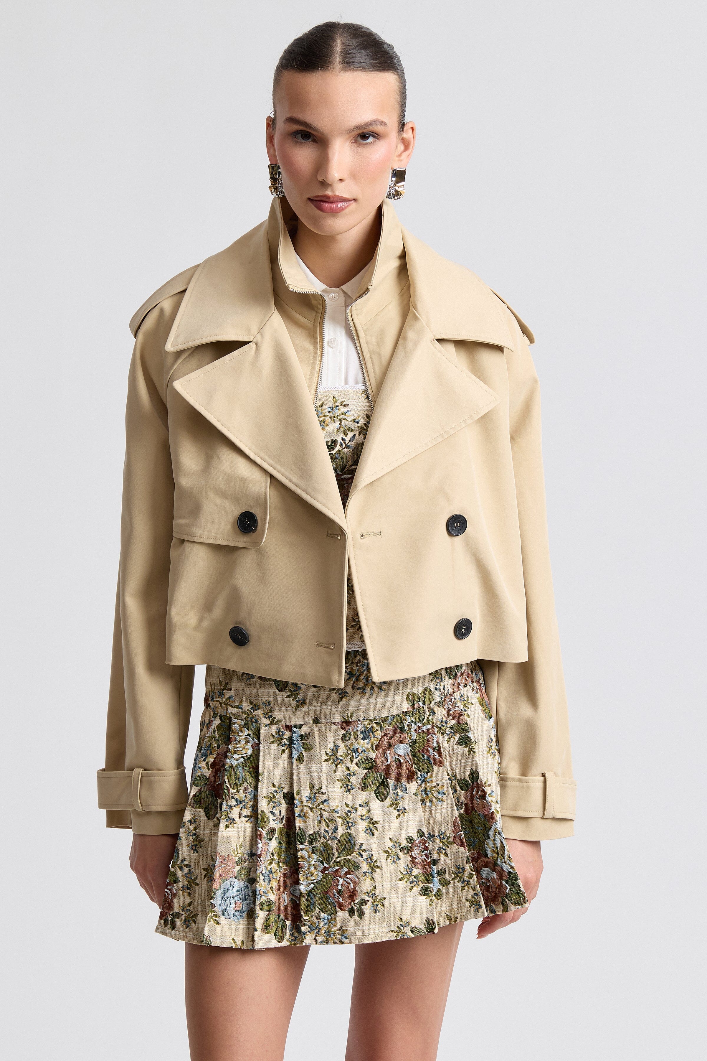 Khaki double-breasted cropped funnel neck trench coat with long raglan sleeves - Shop trench coats by Avec Les Filles