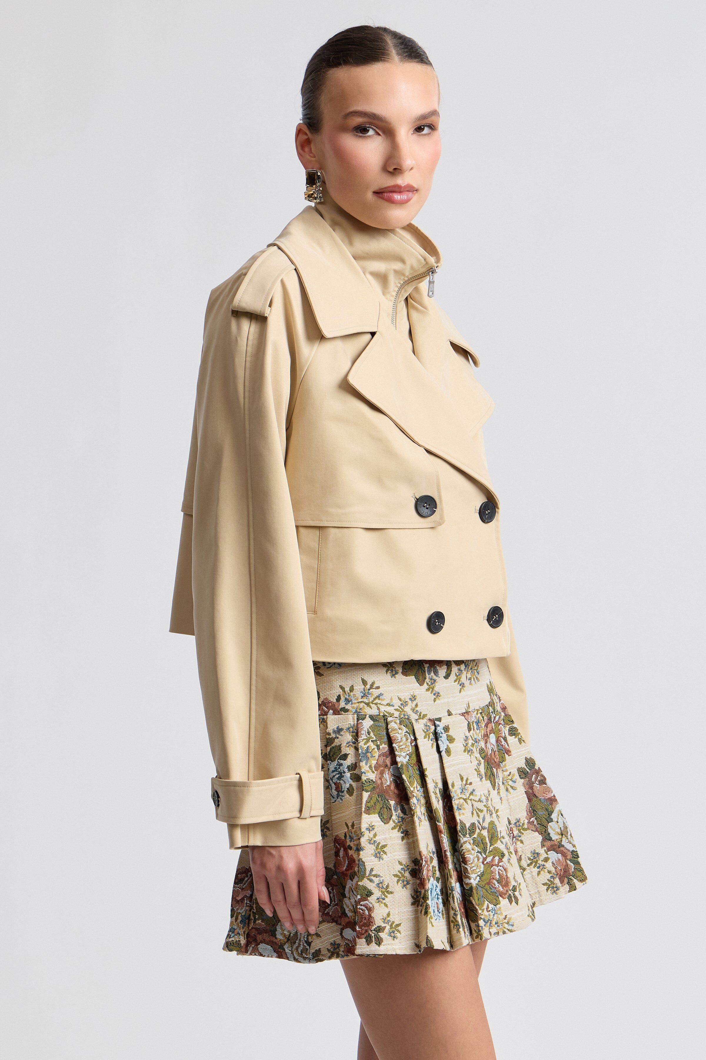 Khaki double-breasted cropped funnel neck trench coat - Shop women's funnel neck coats by Avec Les Filles