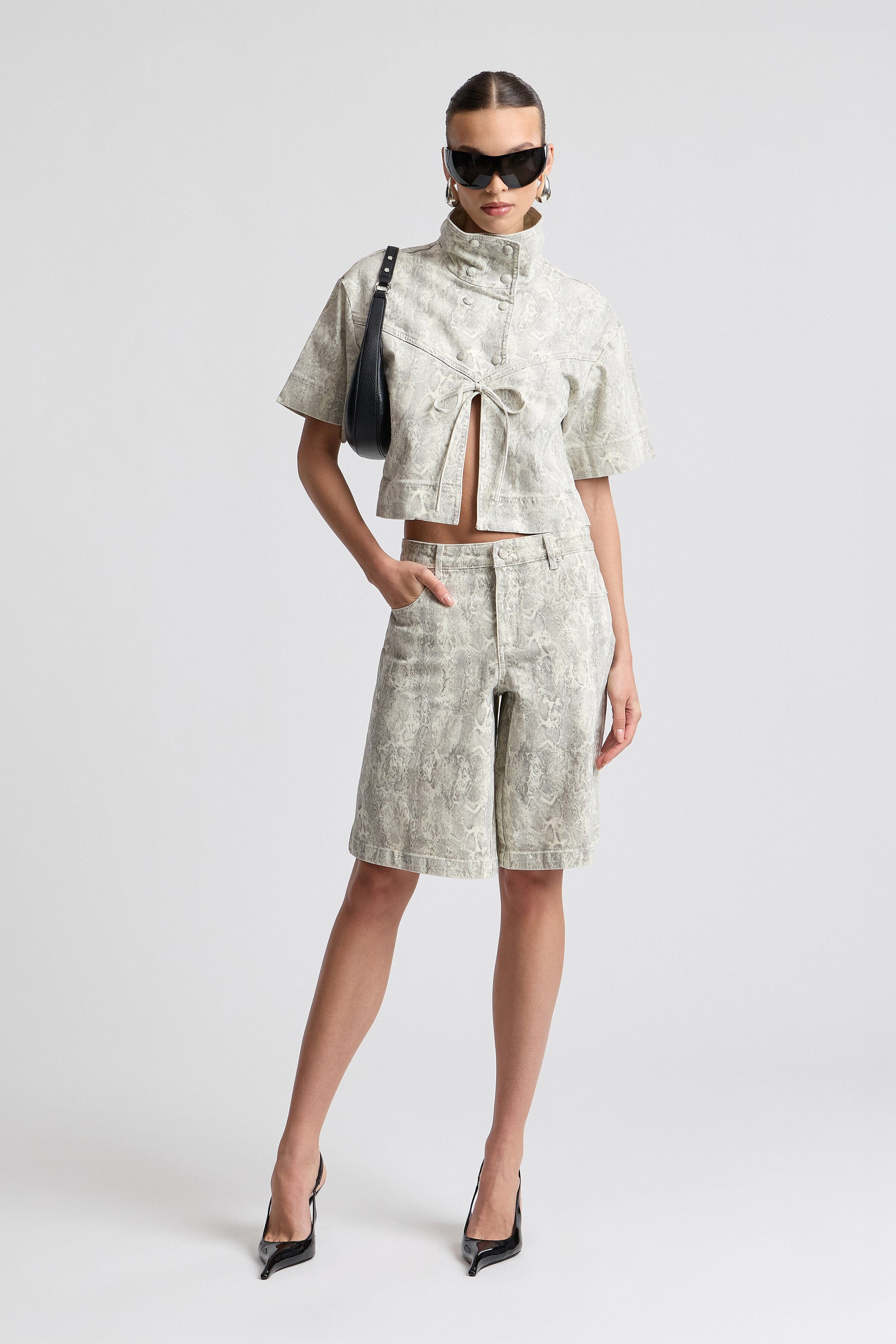 Short-sleeved animal print denim jacket with snake skin shorts - Shop women's denim jackets & shorts by Avec Les Filles