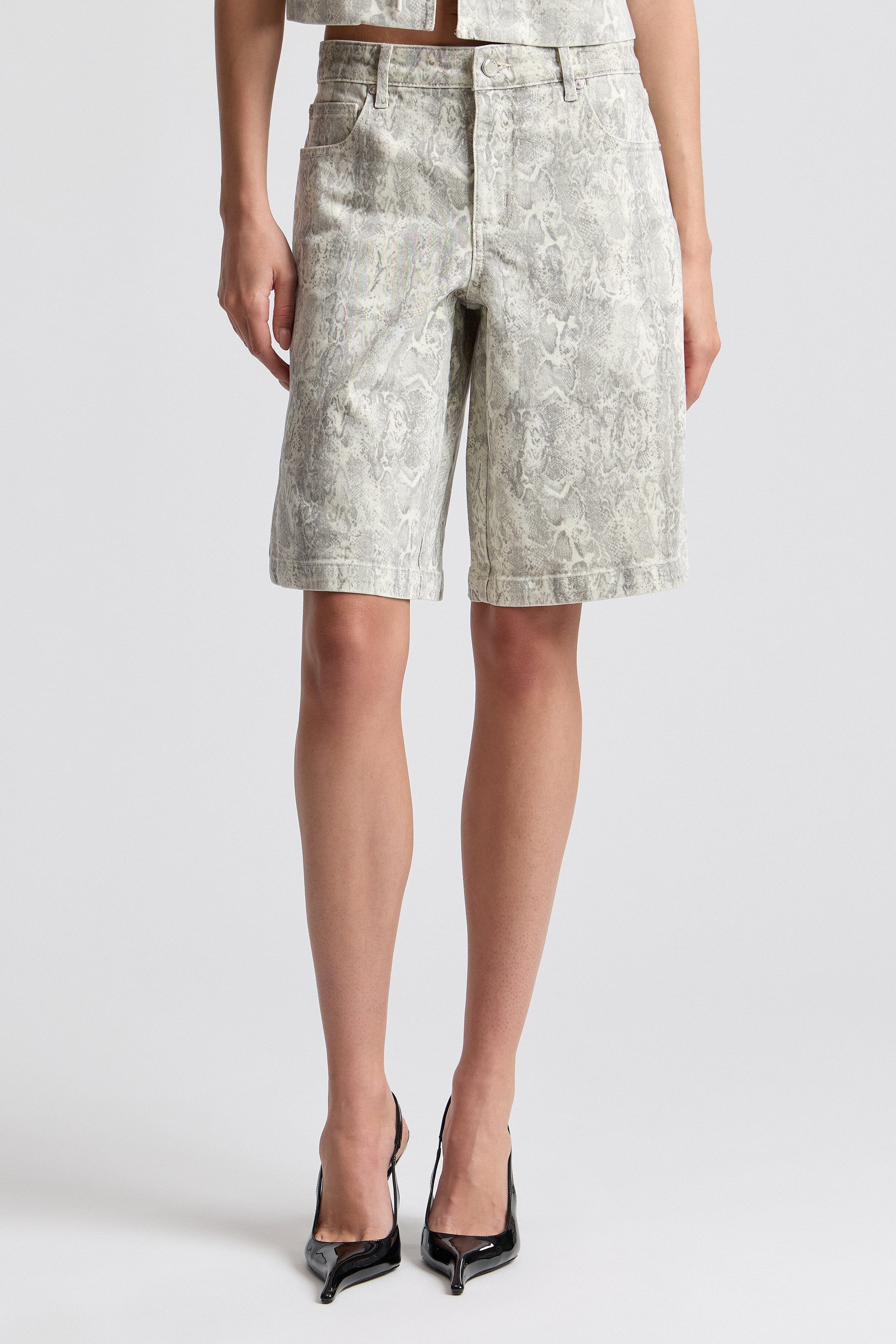 Snake-print long shorts denim. Shop designer women's shorts by Avec Les Filles.