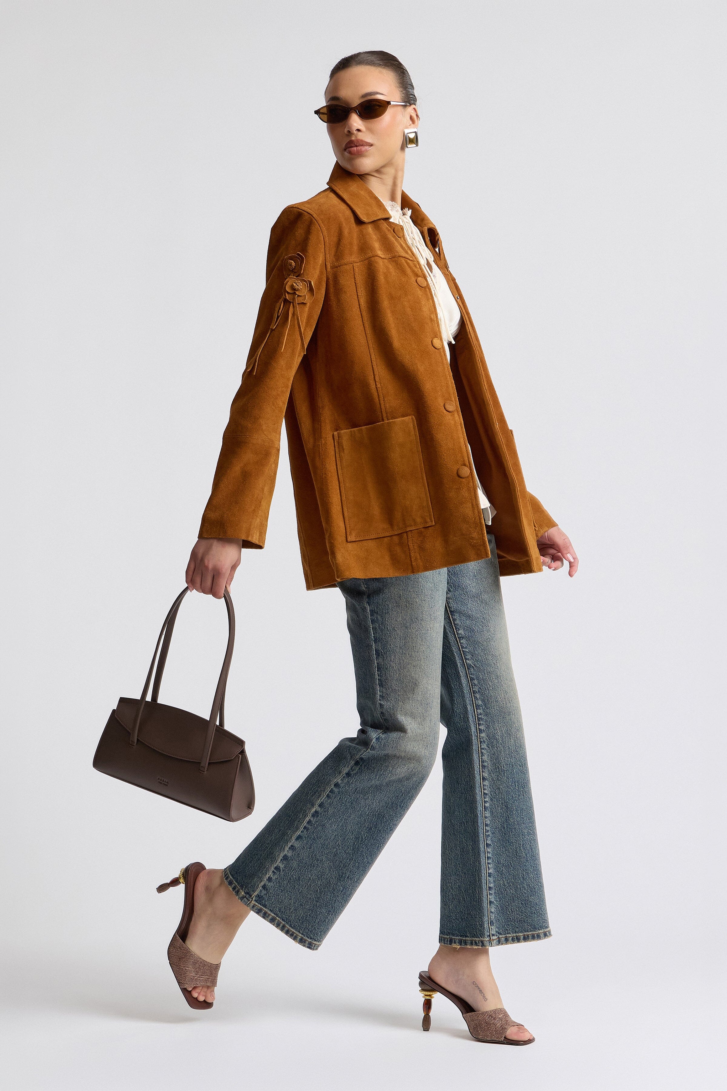 Genuine brown suede shirt jacket with snap front and long sleeves - Shop women's suede jackets by Avec Les Filles
