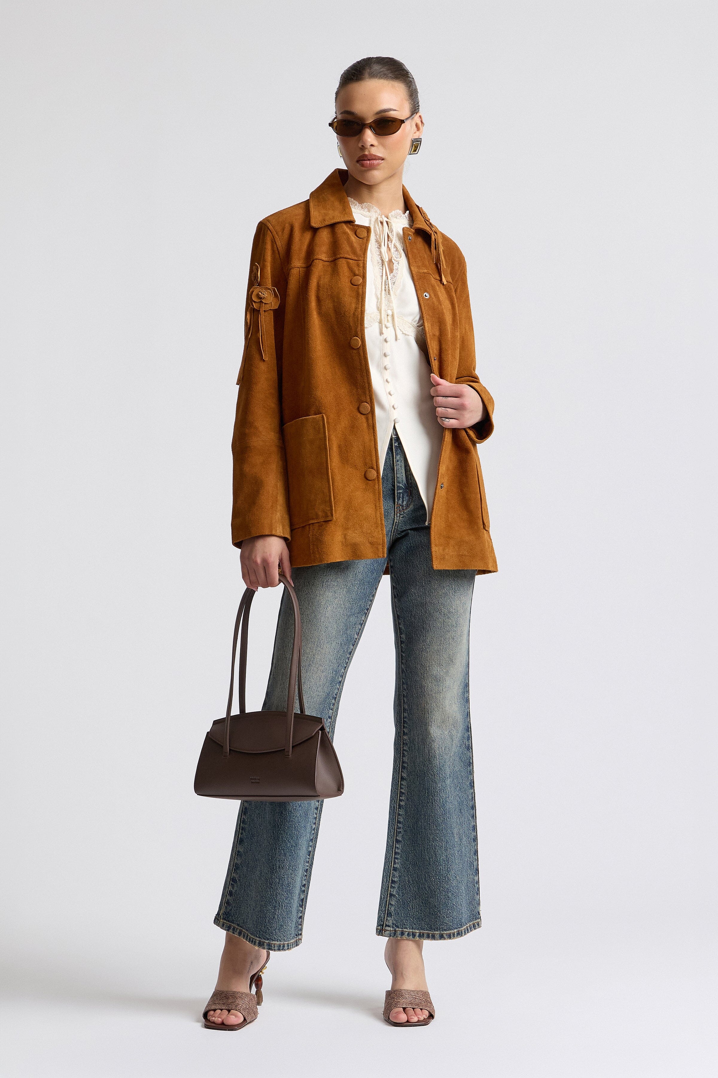 Floral appliqué genuine brown leather and suede jacket with snap front - Shop women's suede jackets by Avec Les Filles