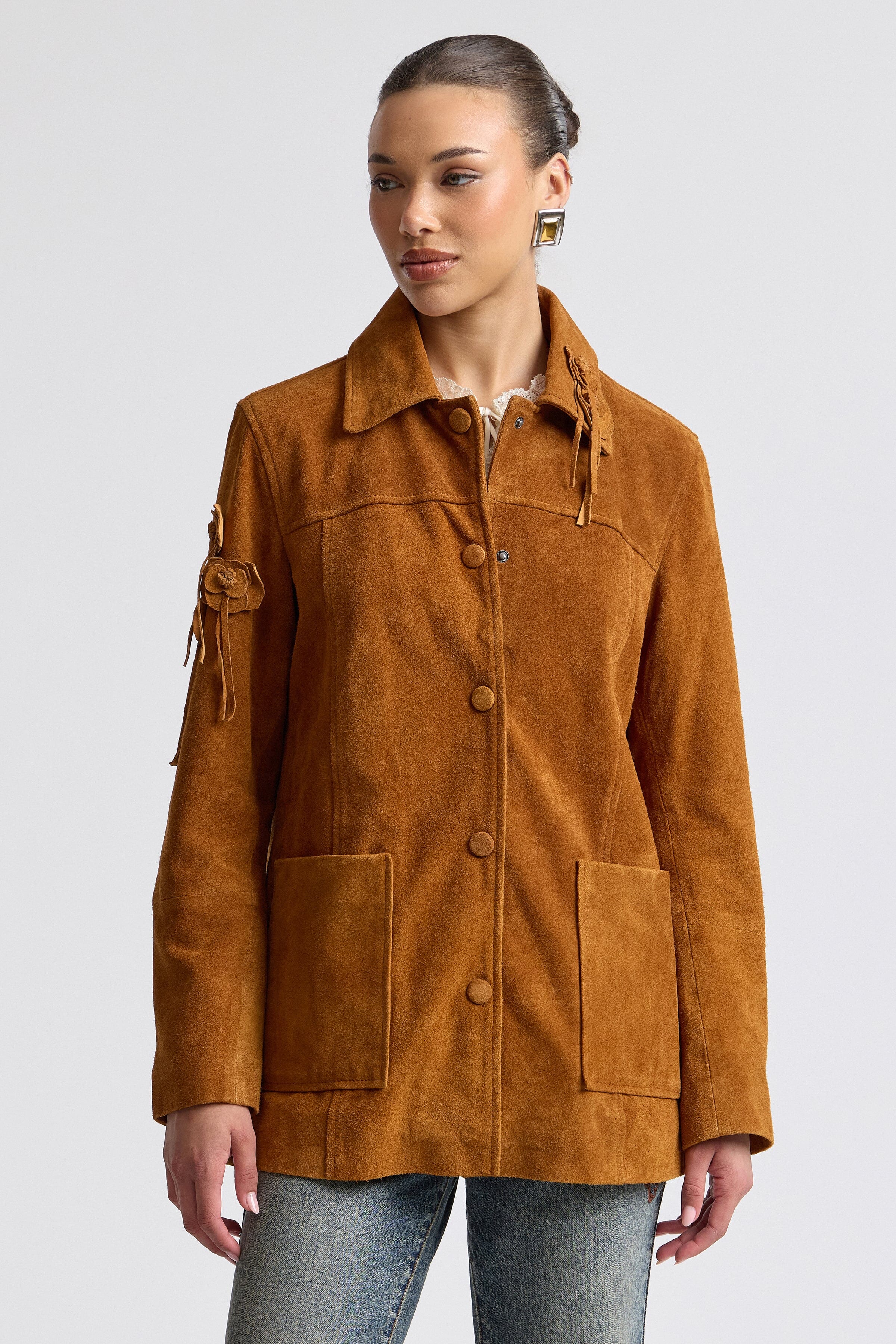 Floral appliqué genuine brown suede shirt jacket with snap front and long sleeves - Shop suede jackets by Avec Les Filles