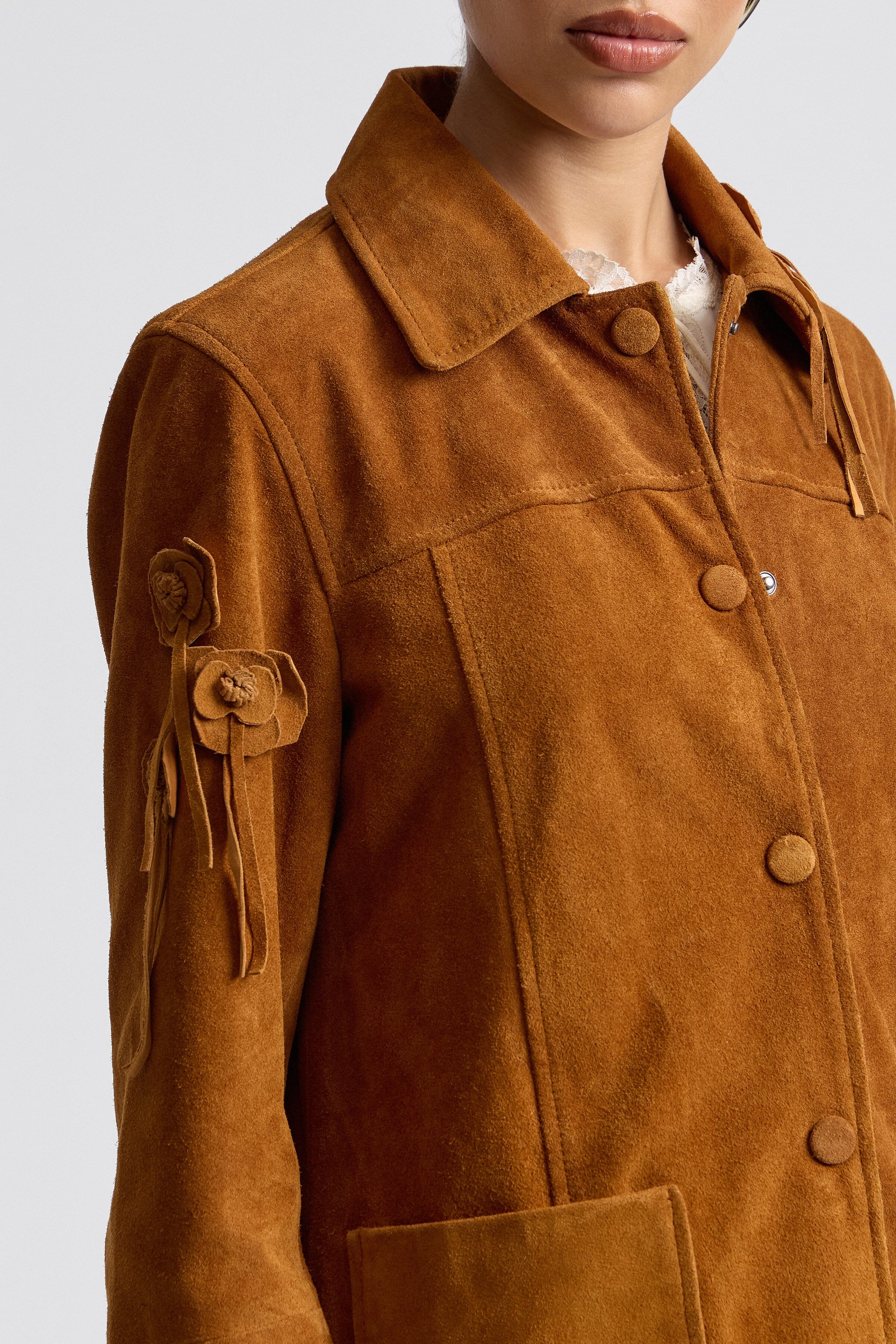 Floral appliqué genuine brown suede shirt jacket shacket with snap front - Shop women's suede jackets by Avec Les Filles