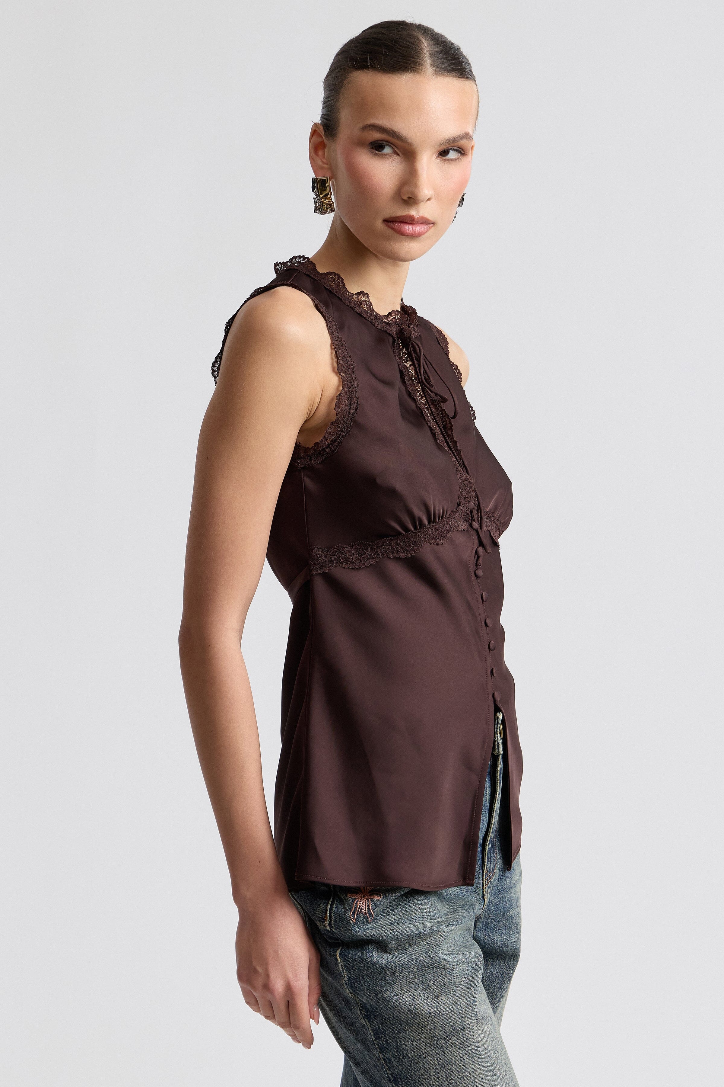 Russet brown button down satin blouse with empire waist - Shop women's cute sleeveless tops by Avec Les Filles.