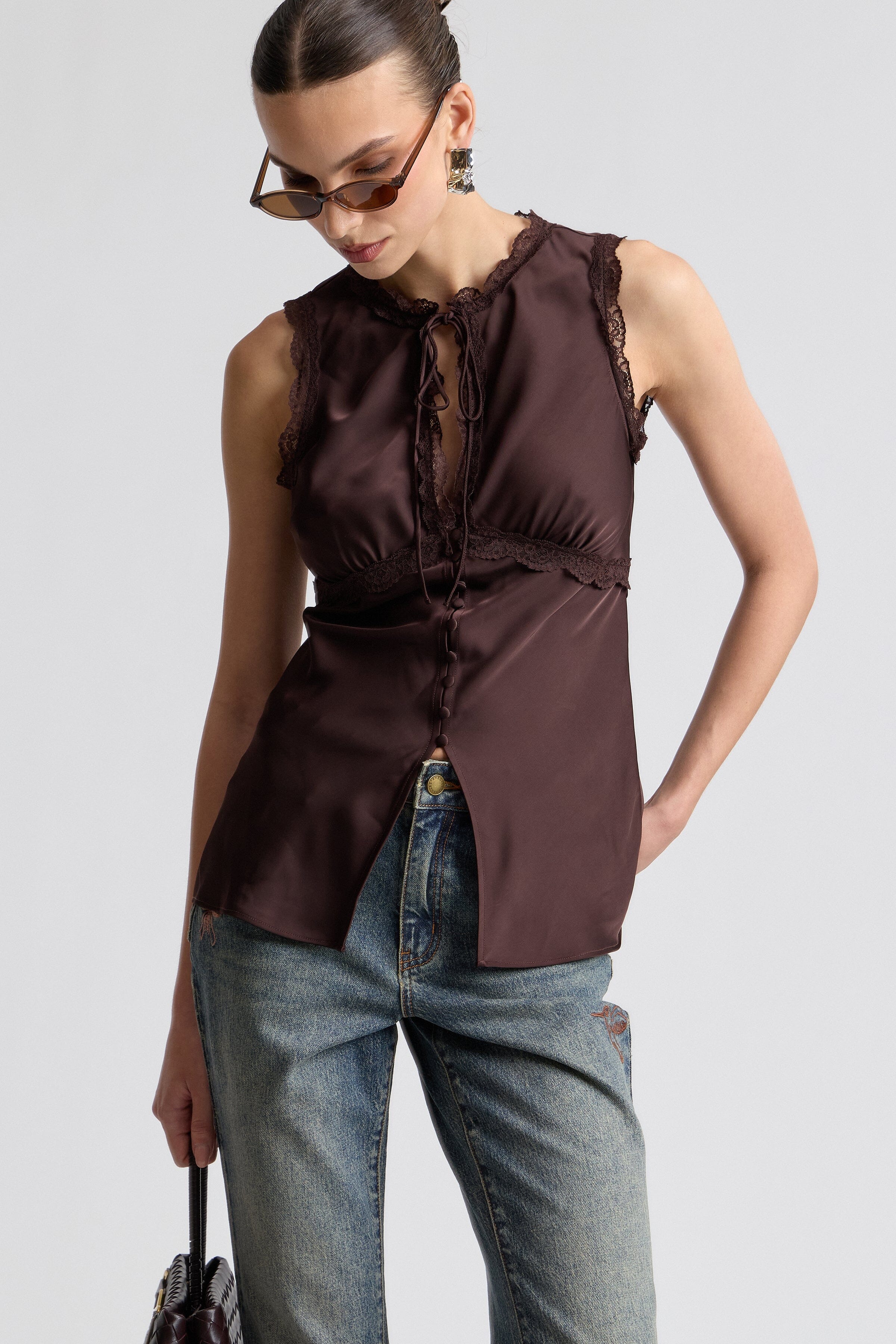 Russet brown satin blouse top with keyhole neckline, an empire waist and an adjustable tie by Avec Les Filles