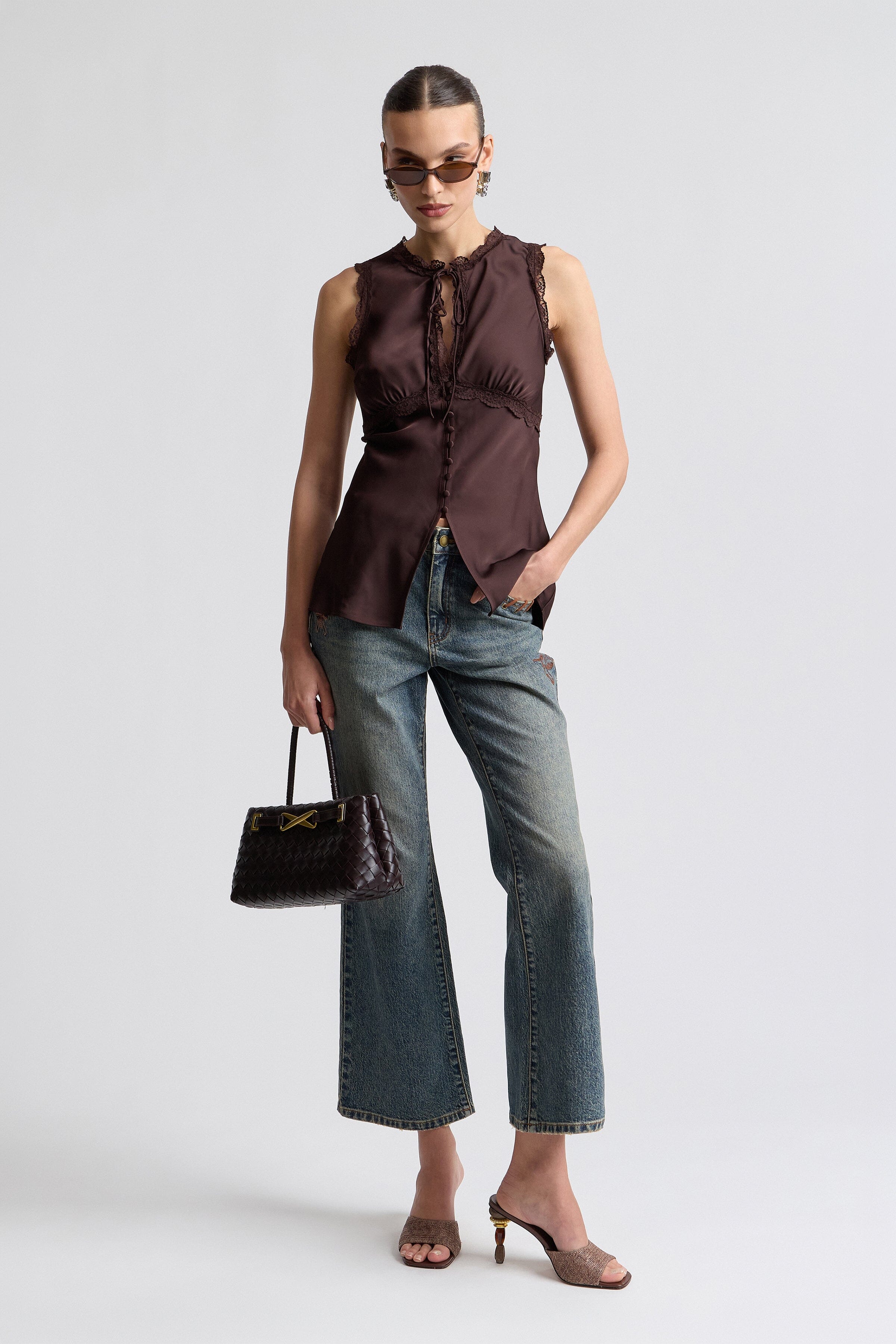 Russet brown satin blouses with empire waist and adjustable tie - Shop women's sleeveless tops by Avec Les Filles.