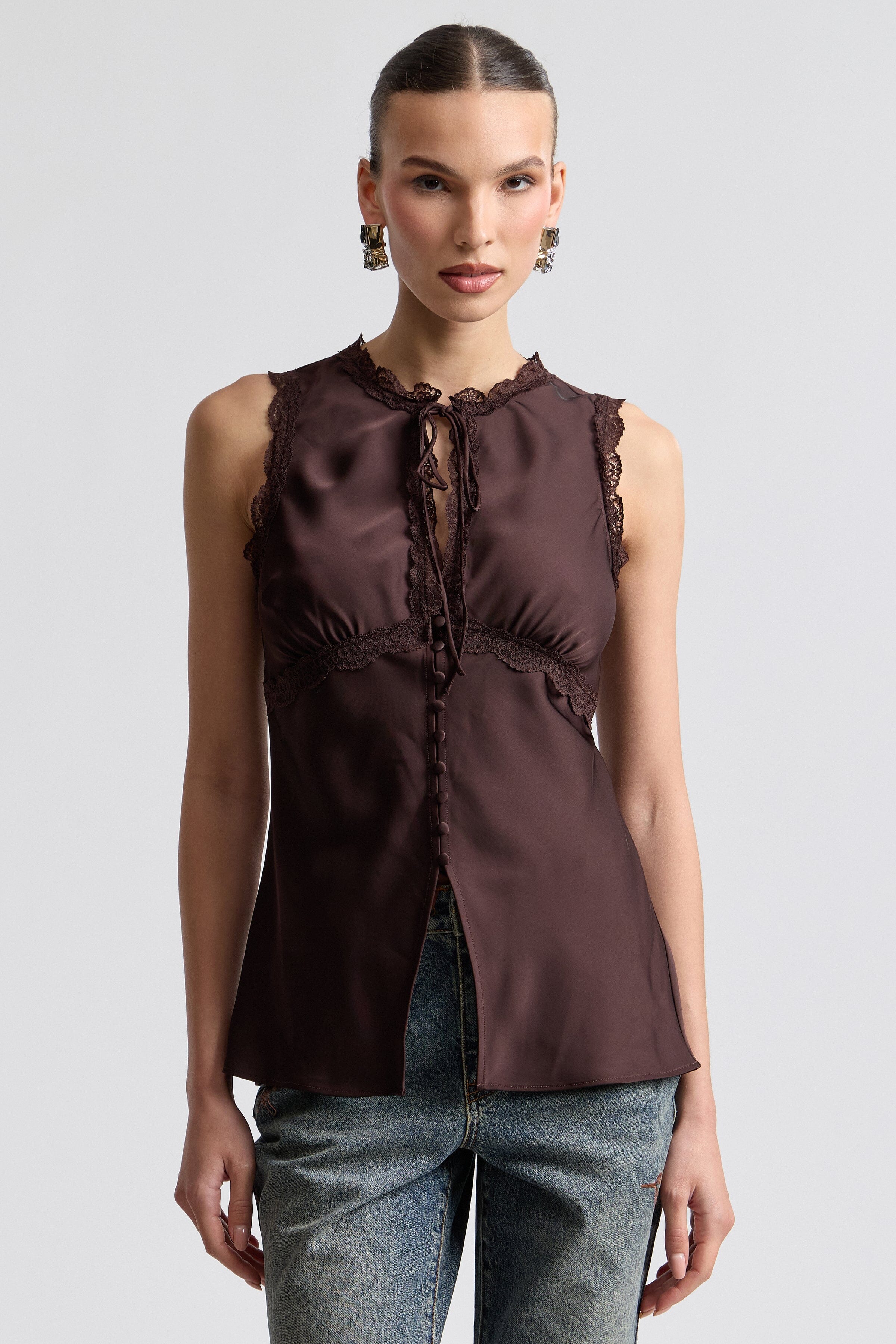 Russet brown satin button down blouse with empire waist and adjustable tie - Shop sleeveless tops by Avec Les Filles.